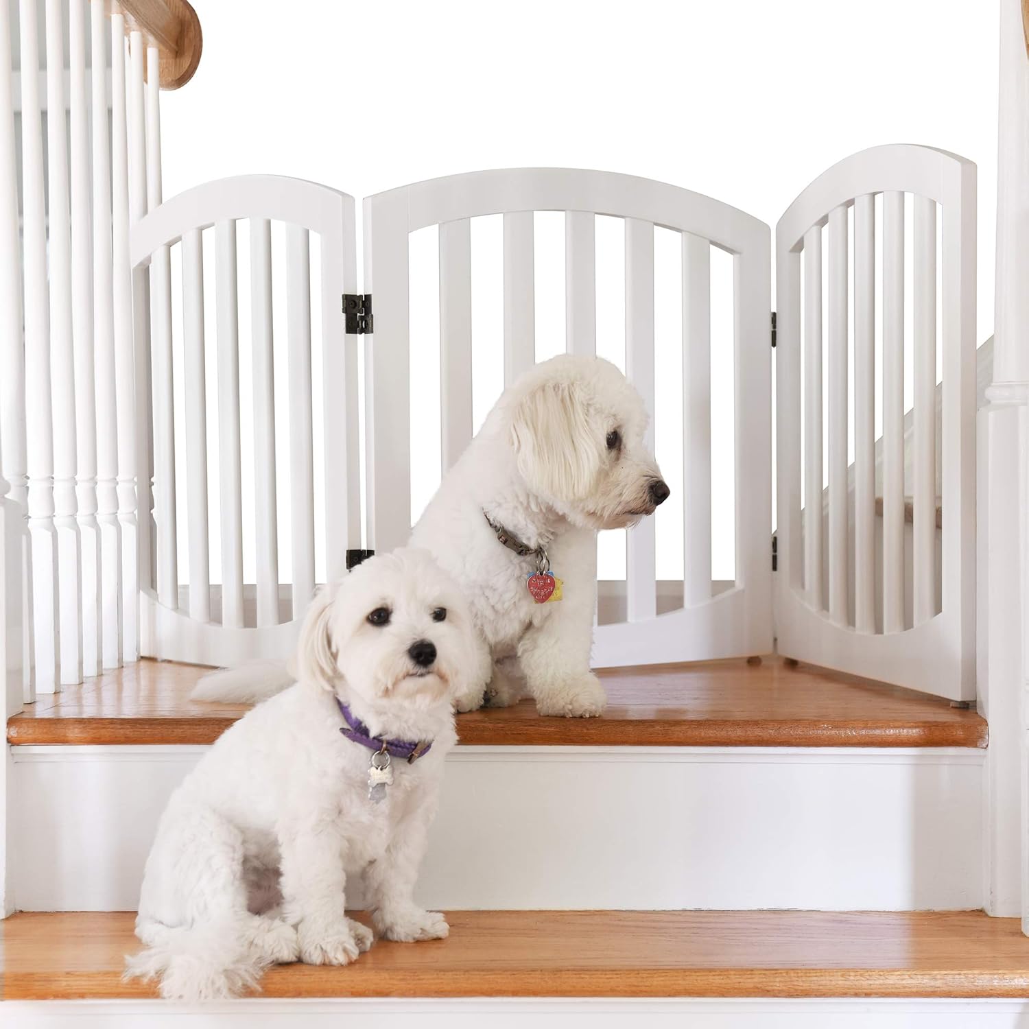 Arf Pets Free Standing Wood Dog Gate, Step Over Pet Fence, Foldable, Adjustable - White Pack of 2