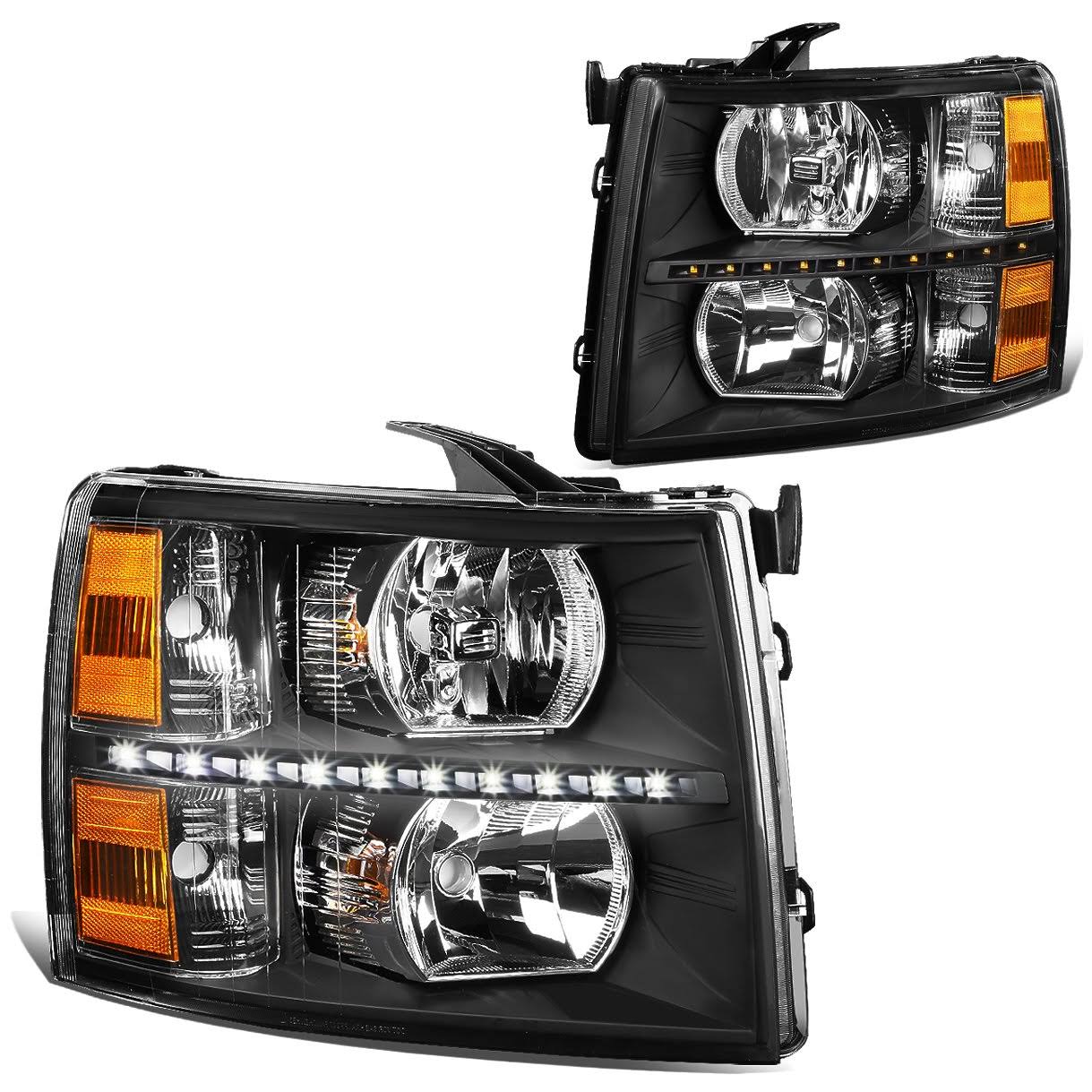 DNA Motoring for 07-14 Chevy Silverado 1500 2500 3500 LED DRL Strip Headlight Black Housing Amber Corner Headlamp 08 09 10 11