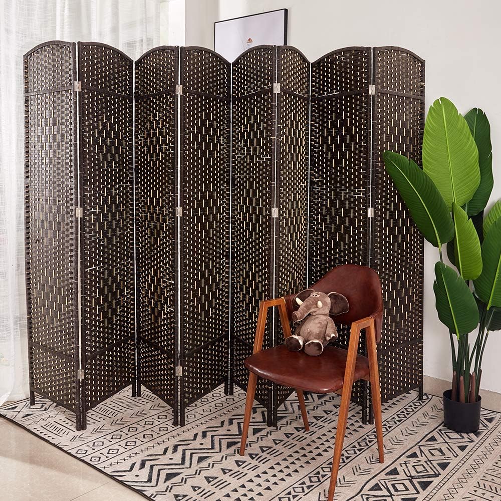 COCOSICA Weave Fiber Room Divider, Natural Fiber Folding Privacy Screen with Stainless Steel Hinge & 8 Panel Room Screen Divider Separator for Decorating Bedding, Dining, Study and Sitting Room