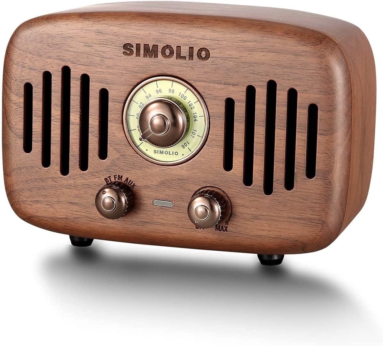 SIMOLIO Vintage Retro Bluetooth Speakers with Loud HD Sound, Nature Black Walnut Wooden Speaker with FM Radio & AUX, CSR Chip, Portable Bluetooth Speaker for Home Office Decorations, 2000mA Li-Battery Pack of 2