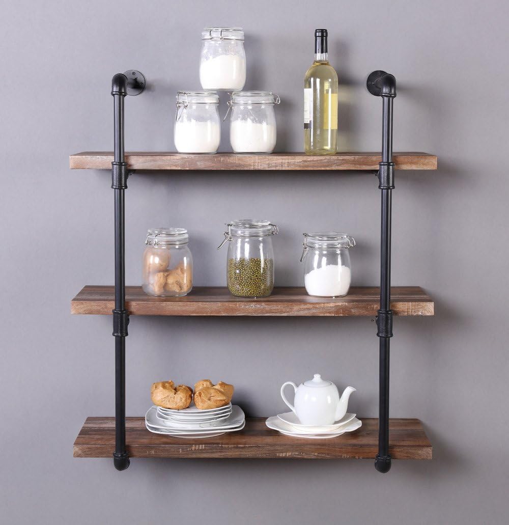 Homissue 4-Shelf Rustic Pipe Shelving Unit, Metal Decorative Accent Wall Book Shelf for Home or Office Organizer, Retro Brown