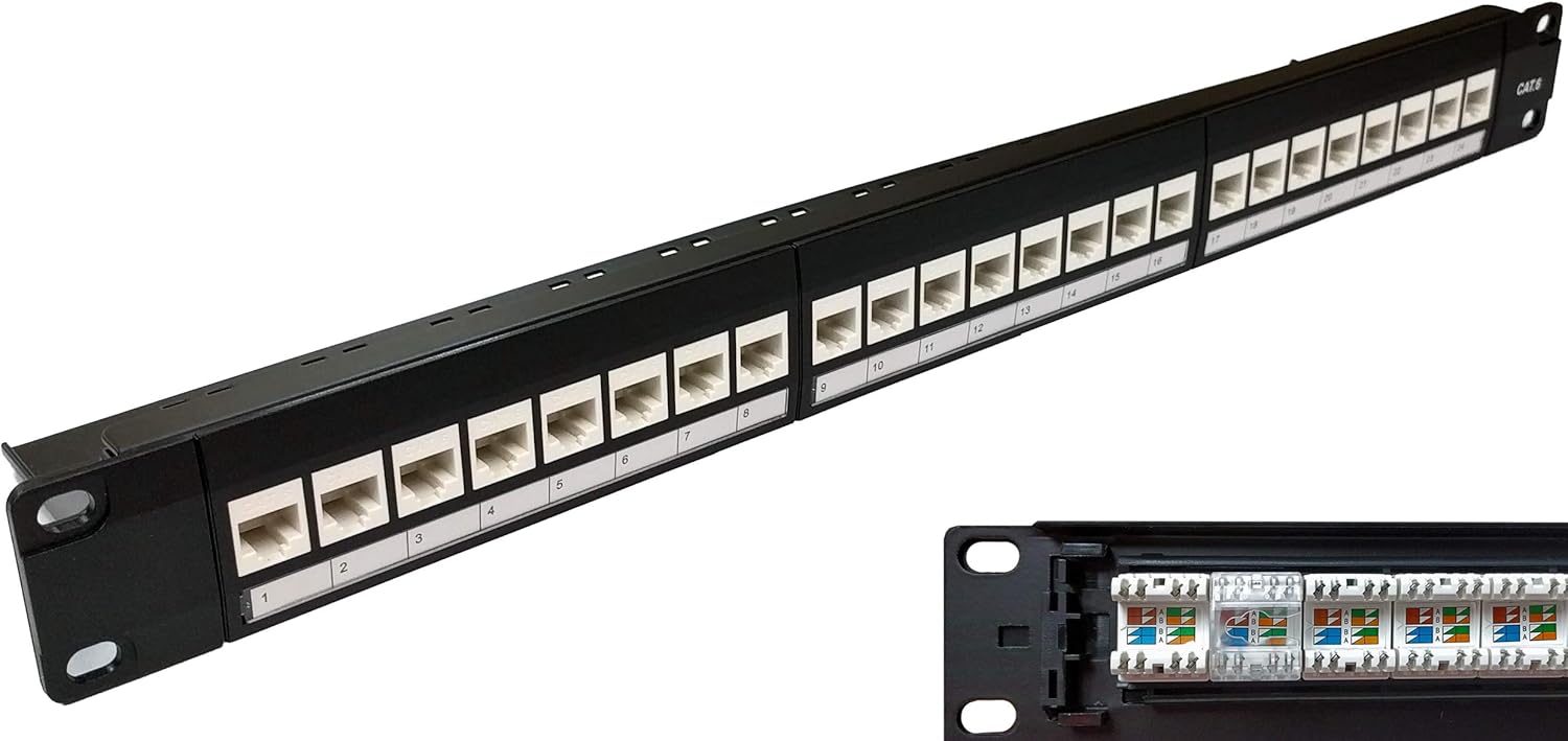 Electriduct 48-Port CAT6A FTP Shielded 2U Patch Panel 19-Inch Loaded w/Tool-Less Keystone Jacks Rackmount or Wallmount