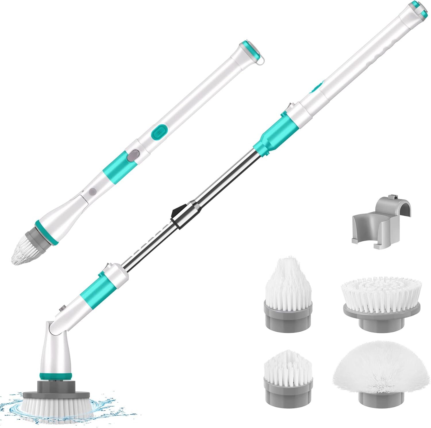 Hivita Electric Spin Scrubber, Cordless Upgraded Cleaning Brush with Extension Handle and 4 Replaceable Brush Heads, Power Tub and Tile Scrubber for Sink Bathroom Grout Kitchen Floor Window, White