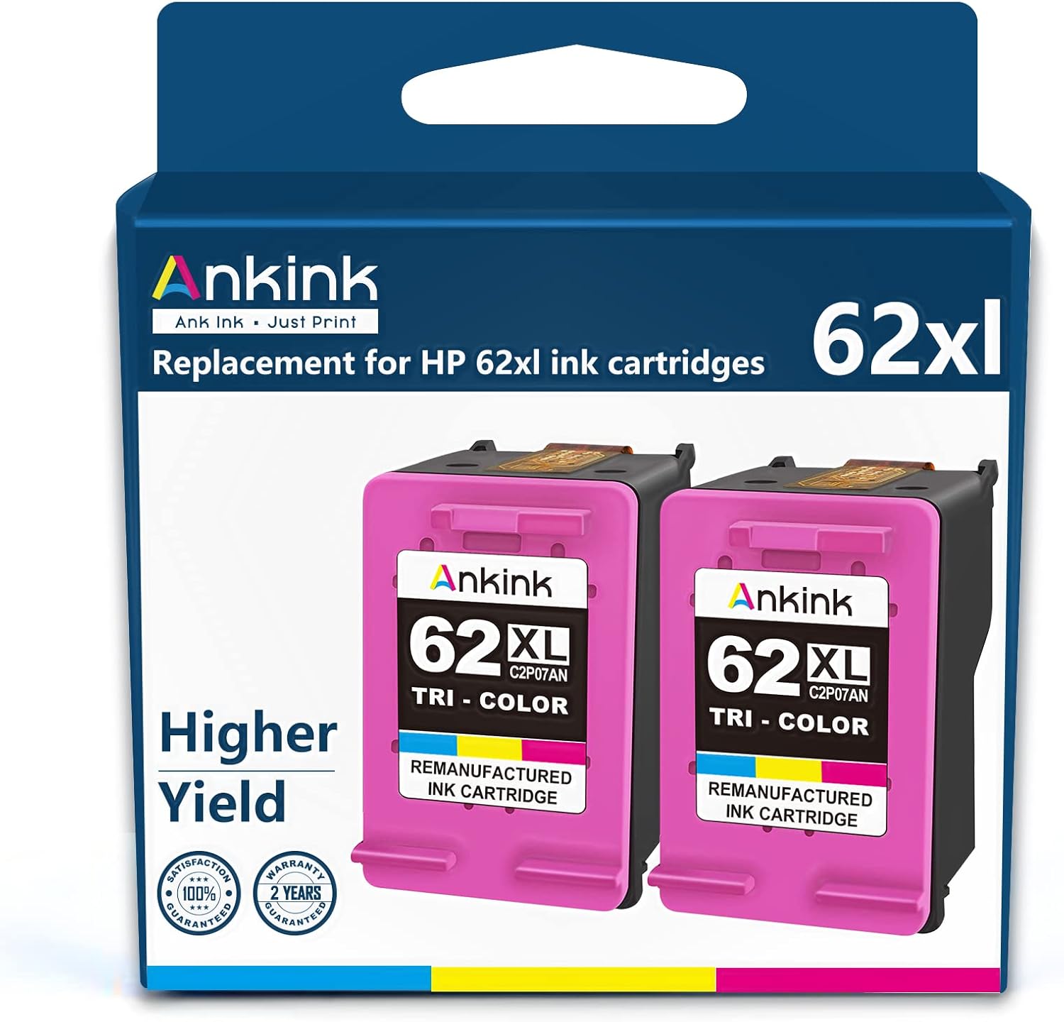 Ankink Higher Yield Remanufactured HP 62XL Ink Cartridge Replacement for 62 HP62XL hp62 XL Envy 5540 5640 5660 7640 7645 OfficeJet 200 250 5740 8040 Printer Toner Color (Tricolor) Combo 2 Pack Pack of 2