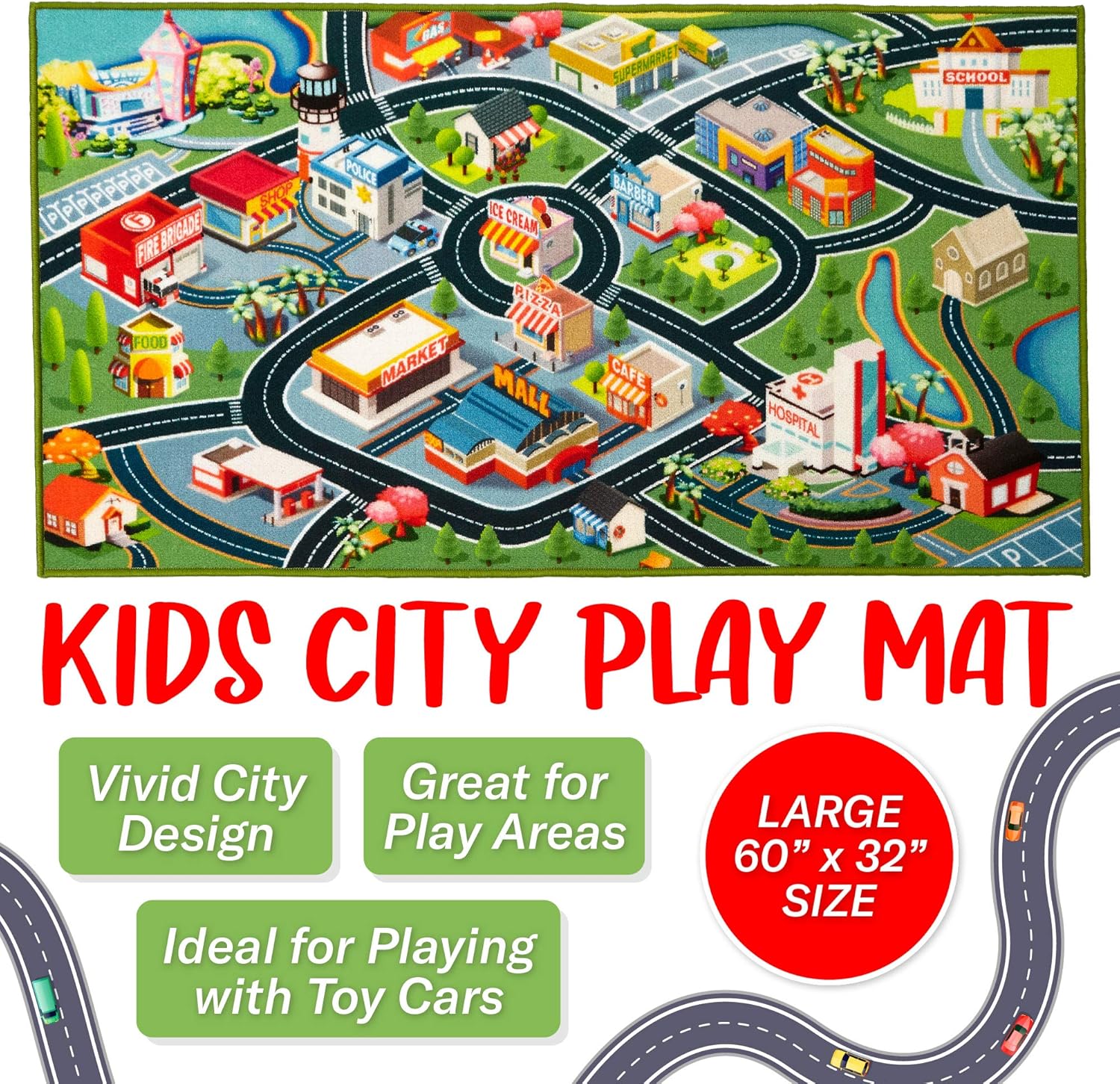 Kids Carpet Playmat Rug - Fun Carpet City Map for Hot Wheels Track Racing and Toys - Floor Mats for Cars for Toddler Boys -Bedroom, Playroom, Living Room Game Play Mat for Little Children