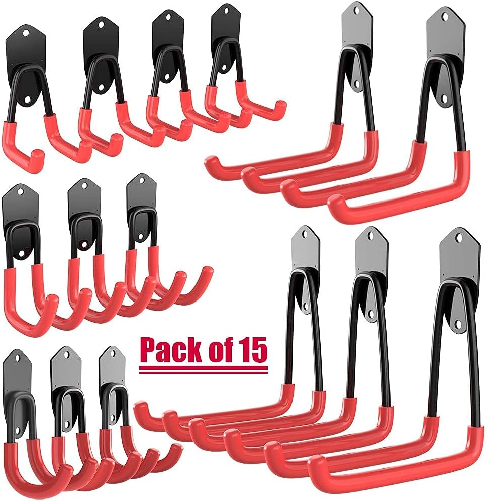 TORACK Garage Hooks Heavy Duty, 15 Pack Wall Mount Steel Utility Hooks&Hangers, Anti-Slip Rubber Coated, Garage Storage Organizer for Garden Tools, Power Tools, Ladders, Brooms, Bikes, Bulk Items