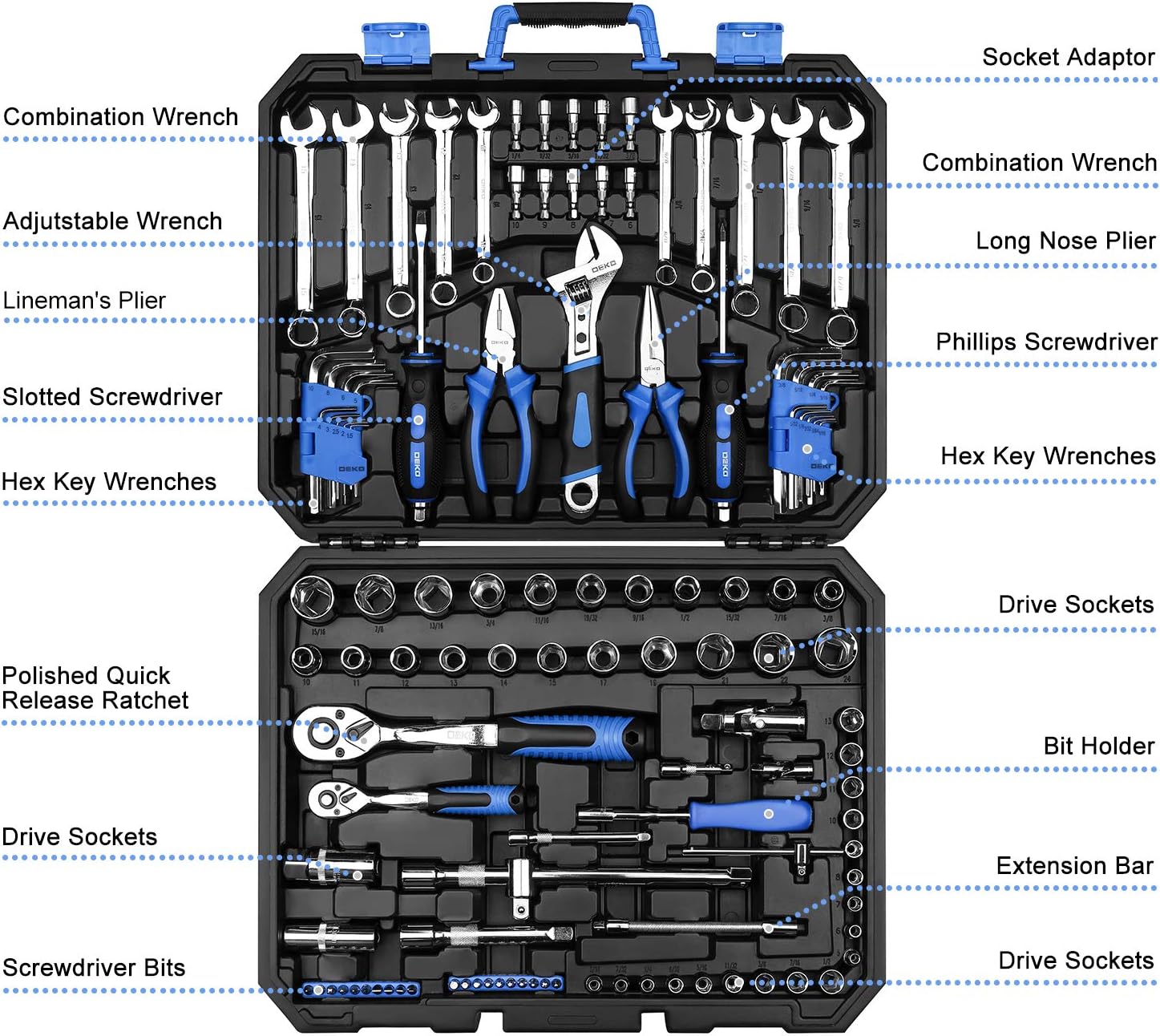 DEKOPRO 118 Piece Tool Kit Professional Auto Repair Tool Set Combination Package Socket Wrench with Most Useful Mechanics Tools