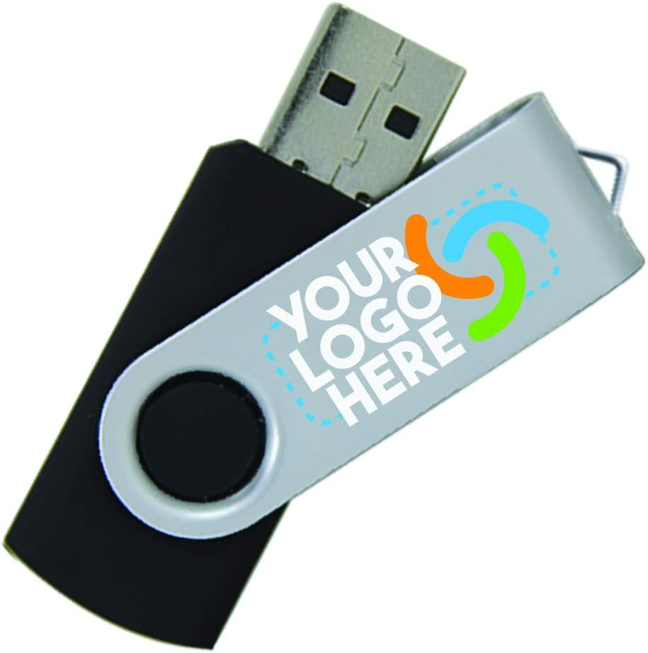 32GB Custom USB Flash Drives Personalized with Your Logo - for Promotional Use - Swivel - Black Body/Silver Clip - 20 Pack