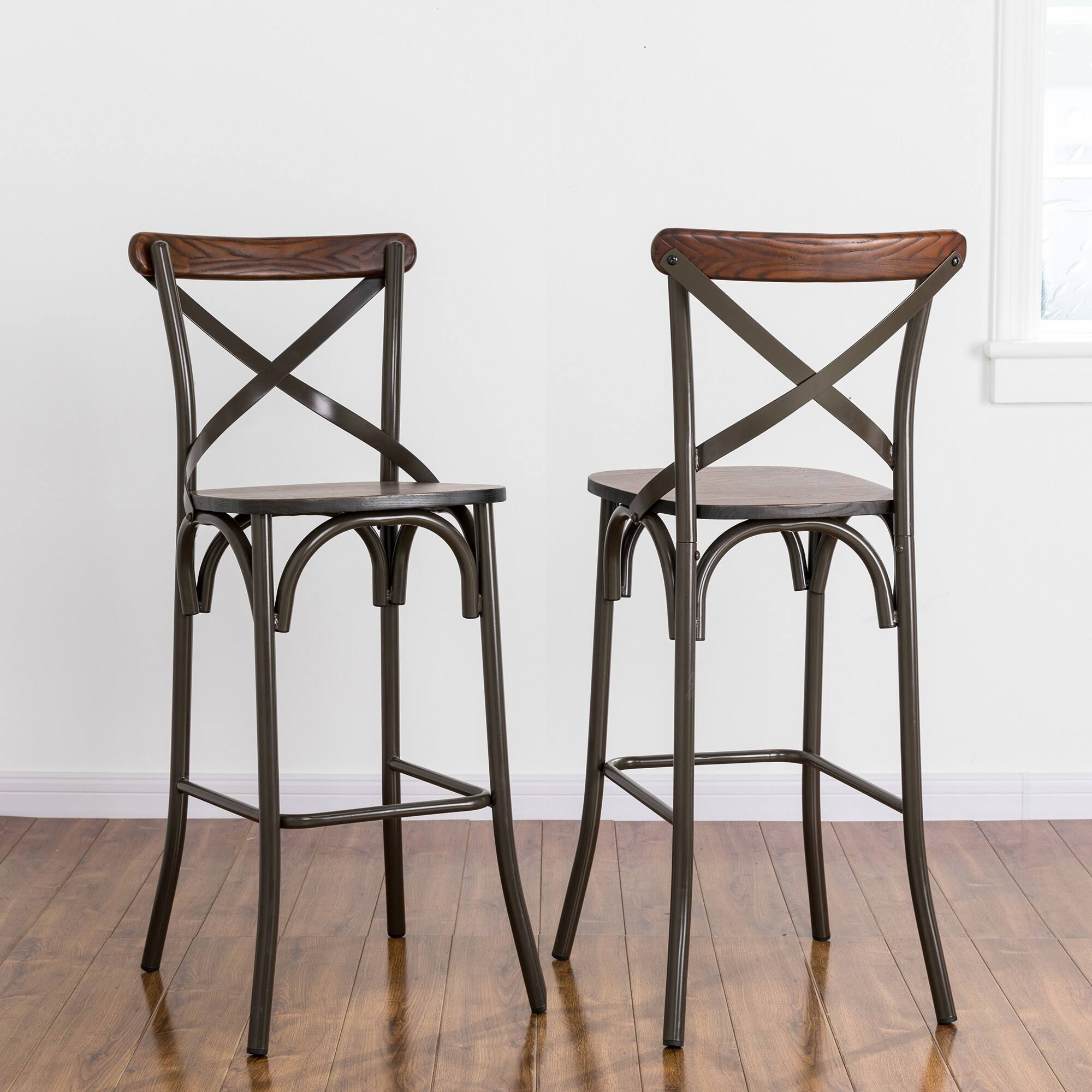 Glitzhome 43.00x22H Rustic Steel Bar Stool with Solid Elm Wood Seat and Back SUPPORT, Set of 2