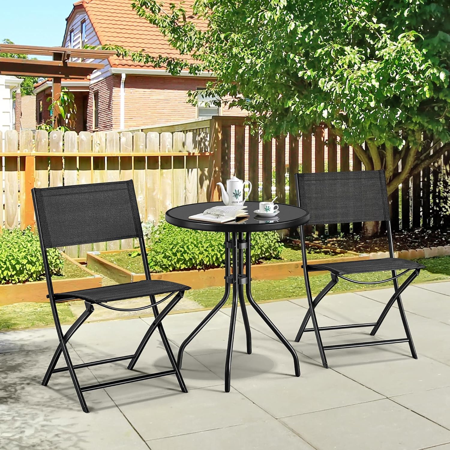 Yaheetech 3-Piece Patio Bistro Table Set, Foldable Patio Bistro Dining Furniture Sets w/Textured Glass Table Top, Rust-Proof Porch Furniture for Balcony, Garden-Black