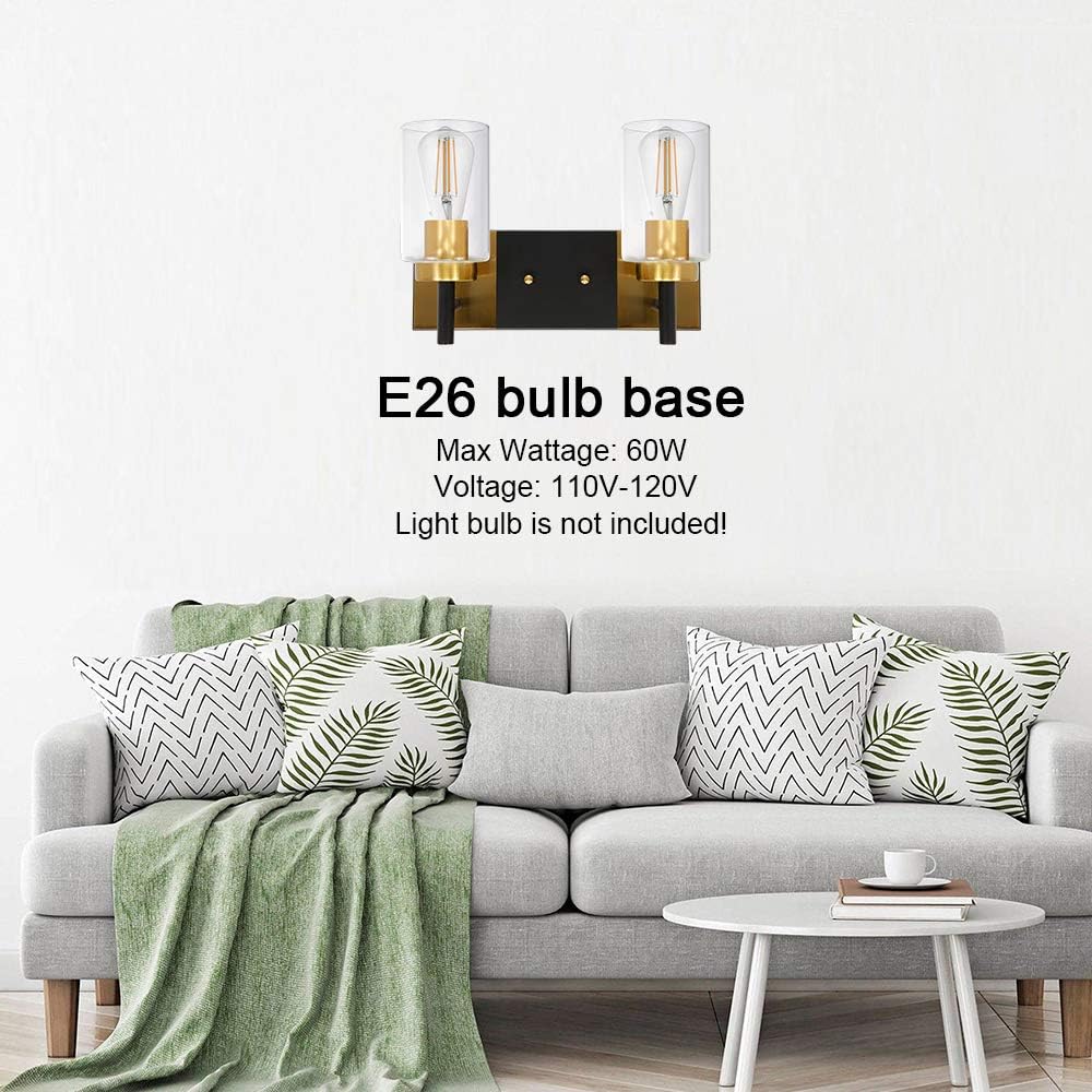 VINLUZ 2 Light Sconces Wall Lighting Black and Brushed Brass Finished Modern Bathroom Vanity Light Fixtures Over Mirror with Clear Glass Shade Industrial Wall Mount Light for Living Room Hallway