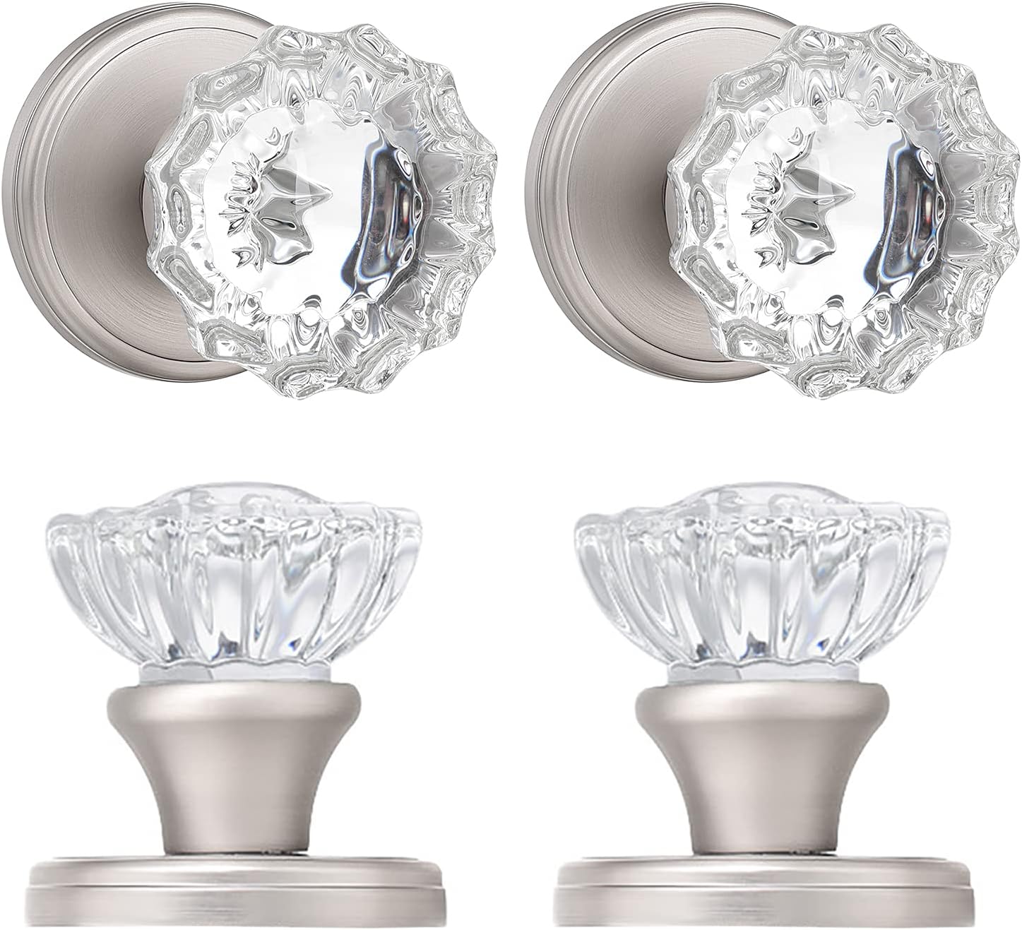 Shiny Handles Passage Glass Door Knobs Interior,Crystal Door Knobs for Hall, Closet（Satin Nickel, 1 Pack)