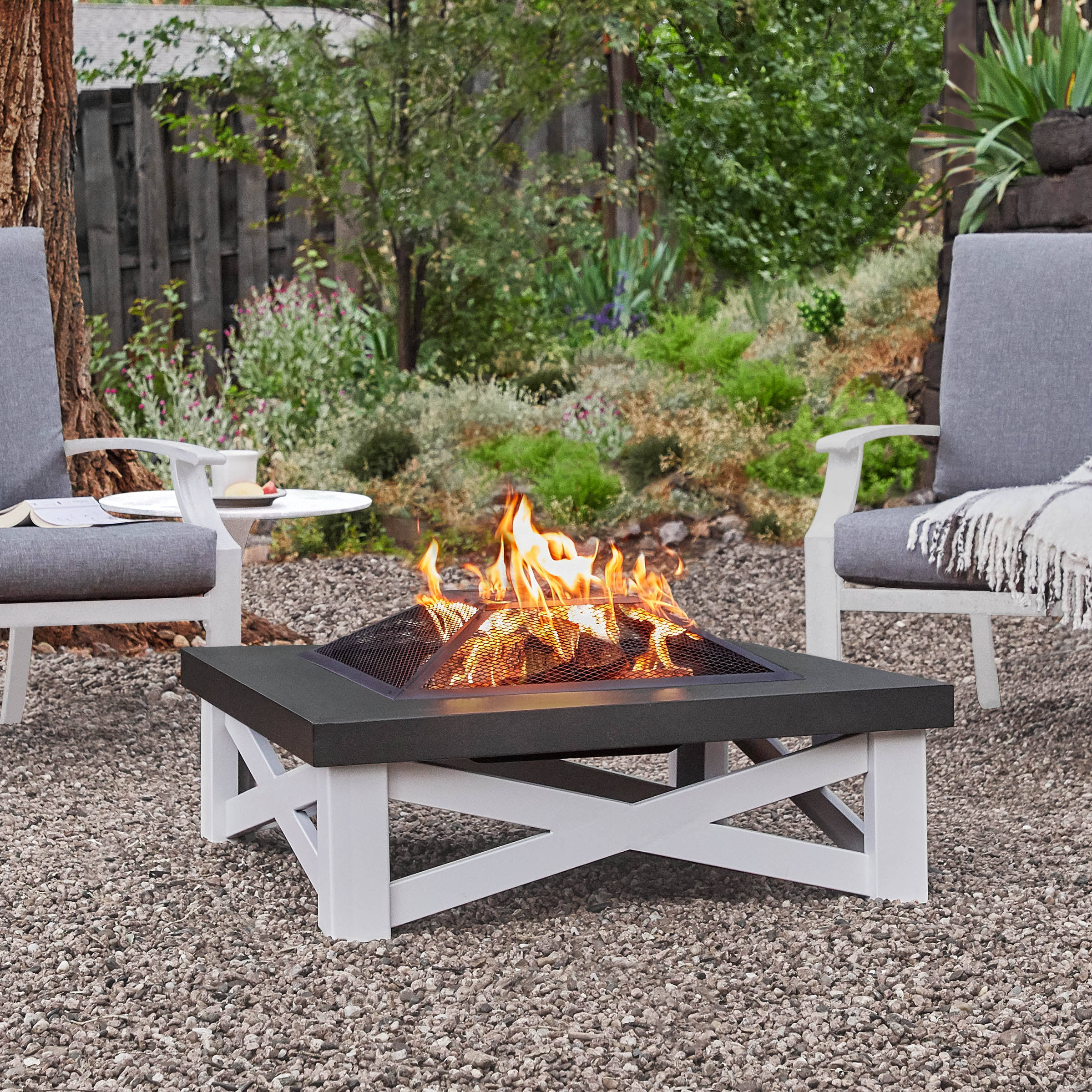 Real Flame Austin Wood-Burning Fire Table in White with Black Top