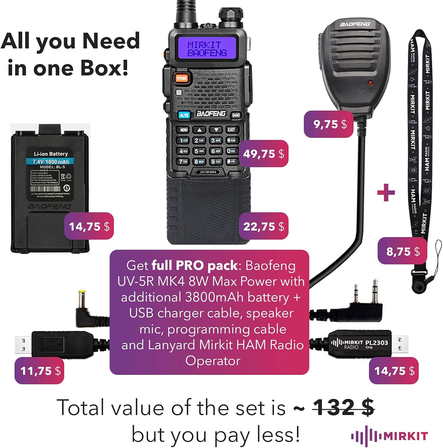 Extended Ham Radio Handheld Starter Kit Mirkit Baofeng Radio UV-5R MK4 8 Watt Max Power with 3800 mAh, Handheld Mic, Baofeng Programming Cable and Software - Extra Pack