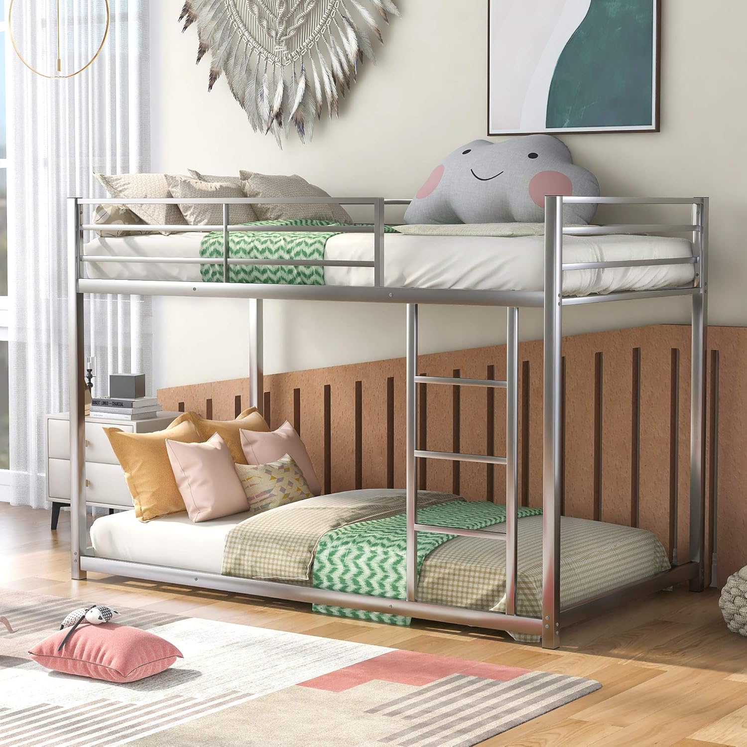 Merax Metal, Heavy Duty Low Bunk Bed with Safety Guard Rails and Ladder for Kids, Teens, Adults, No Box Spring Needed, Full Over Full, Black