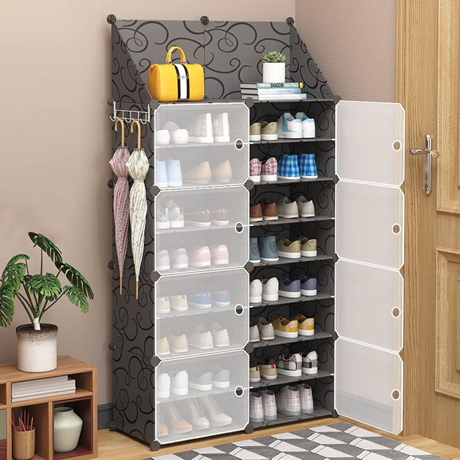 Shoe Rack Storage Cabinet with Doors, Key Holder, Portable Shoes Organizer, Expandable Standing Rack, Storage 32-64 Pairs Shoes, Boots, Slippers (2x8 Tier) (White)