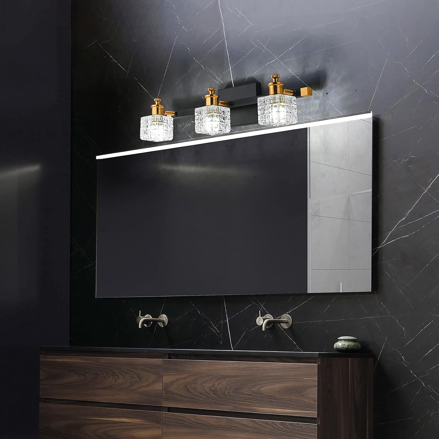 WOSBO Black Gold Bathroom Vanity Light Fixtures with Crystal Glass Shade 3 Lights Modern Wall Sconce for Bathroom Vanity Mirror Cabinets,G9 Bulb Socket