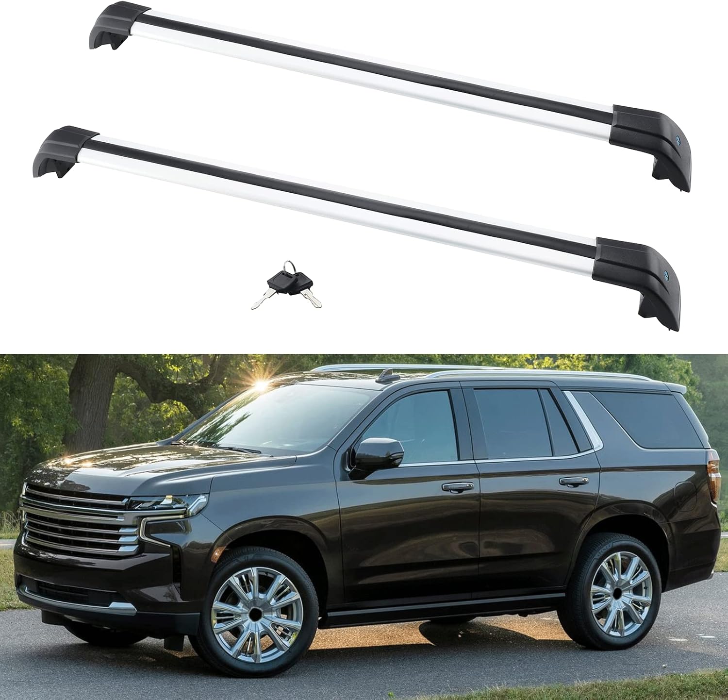 Erisam Heavy Duty Cross Bars Roof Rack Fit for Compatible with Chevrolet Chevy Tahoe 2021 2022, Lockable Aluminum Roof Rack Crossbars 220lbs Max Loading Cargo Bars Rack, Black and Silver