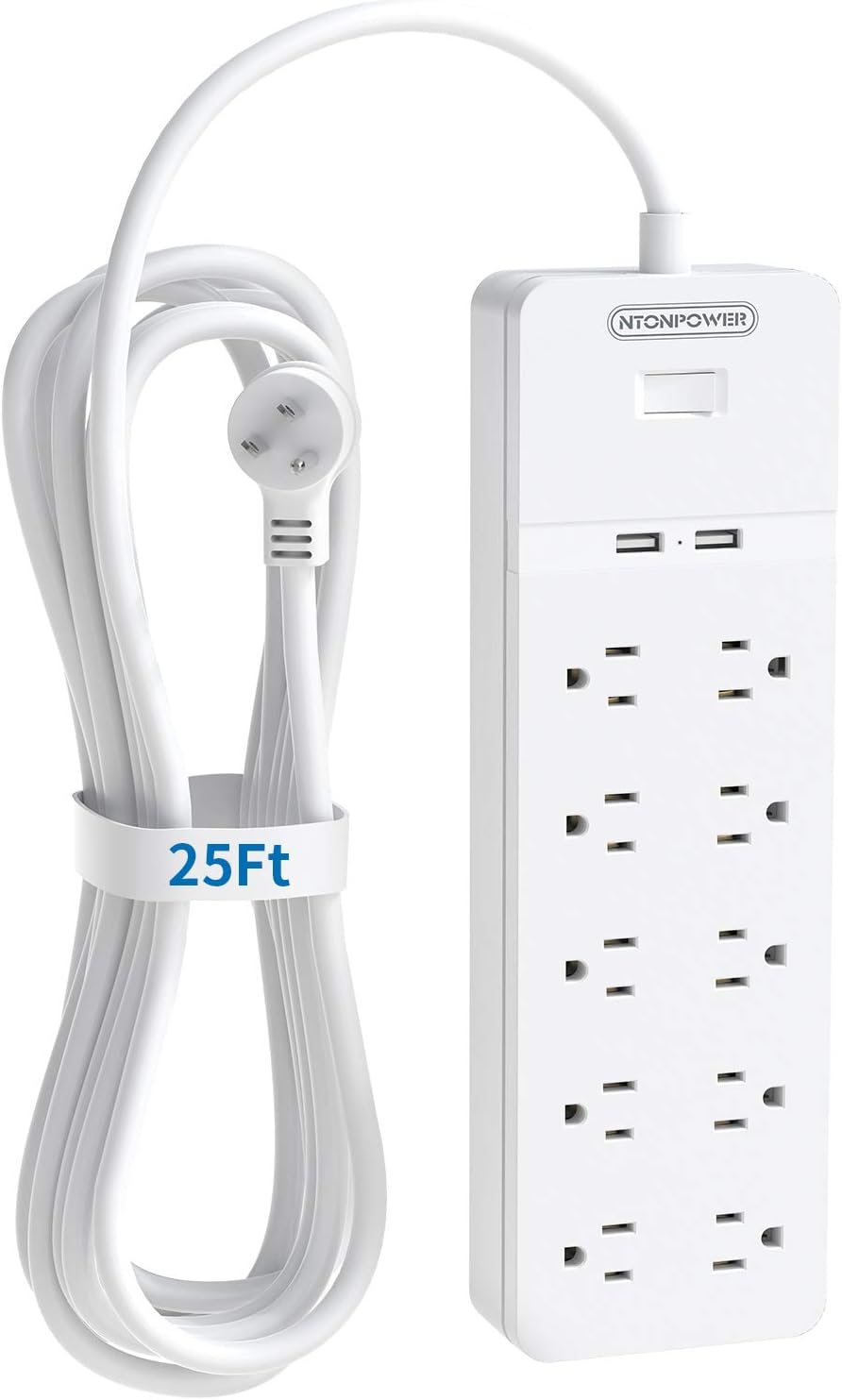 Power Strip with Long Cord, NTONPOWER 25 Ft Extension Cord Flat Plug Surge Protector with 10 Outlets 2 USB, Overload Protection, 1080 Joules, Wall Mountable for Indoor, Home Office and Workbench Pack of 2