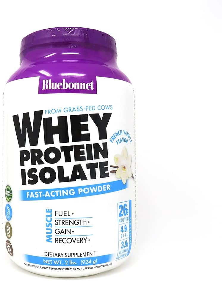 BlueBonnet Nutrition Whey Protein Isolate Powder From Grass Fed Cows, 26g of Protein, No Sugar Added, Non GMO, Gluten & Soy free, kosher Dairy, 2 Lbs, 28 Servings, French Vanilla Flavor Pack of 2