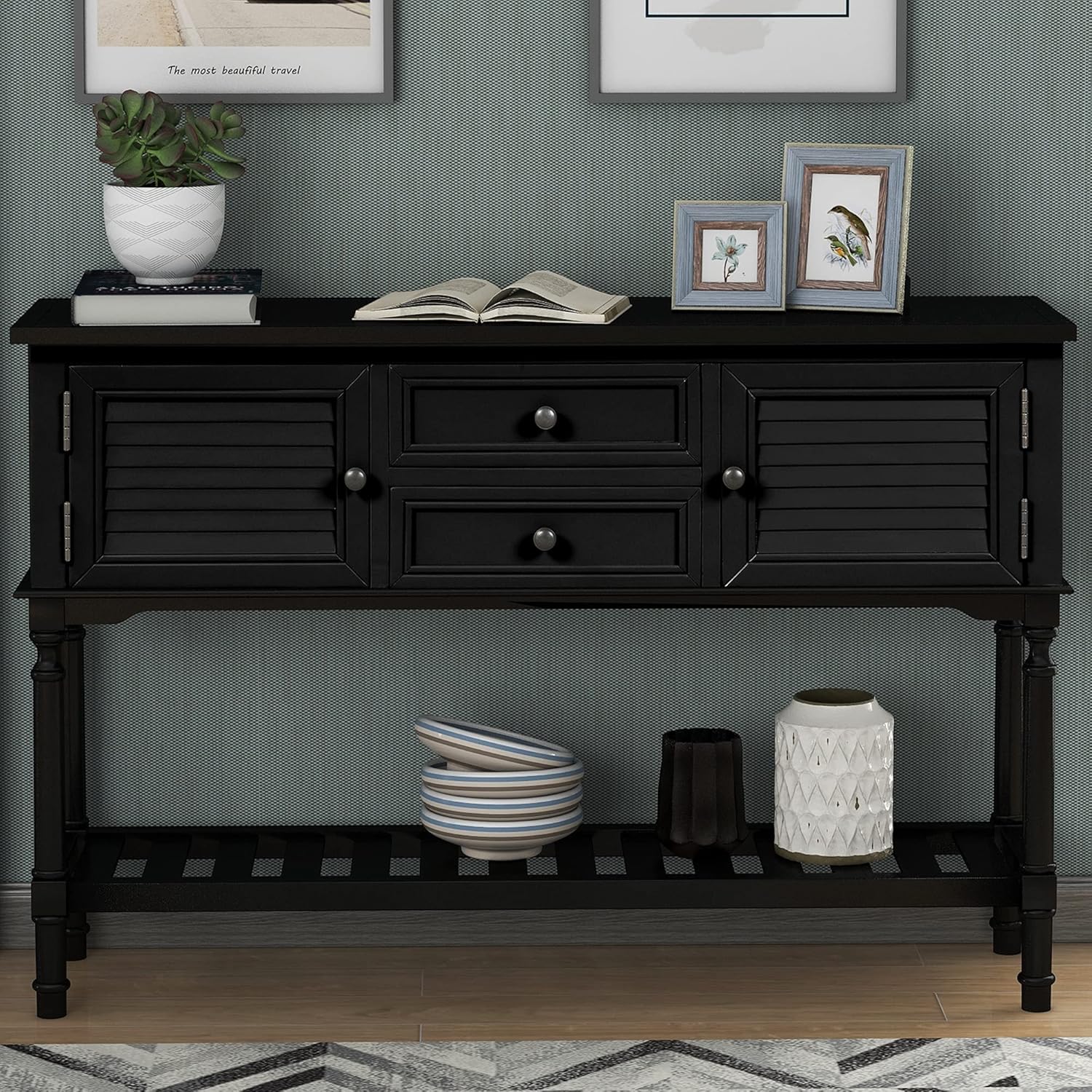 Actual Solid Wood Console Table Sofa Table, Modern Entryway Hall W/with 7 Drawers, 1 Cabinet and Shelf, Side for Living Room, Bedrooms Hallway, Easy to Assemble (Blue), 45.3x15x33.7 in