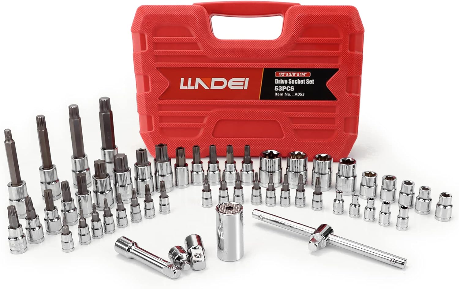 LLNDEI 53PCS E TORX Star Bit Socket Set 1/4&rdquo; 3/8&rdquo; 1/2&rdquo; Female External Drive Star Sockets, Impact Adapter Reducer 3/8&rdquo; 3inch T-bar Extension Bar Universal Socket Master CRV Steel