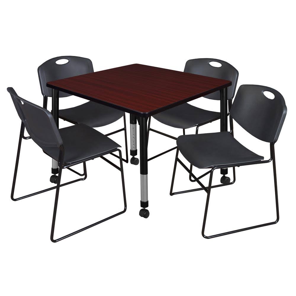 Regency Kee 42x22 Square Height Adjustable Moblie Classroom Table - Mahogany u0026 4 Zeng Stack Chairs- Black