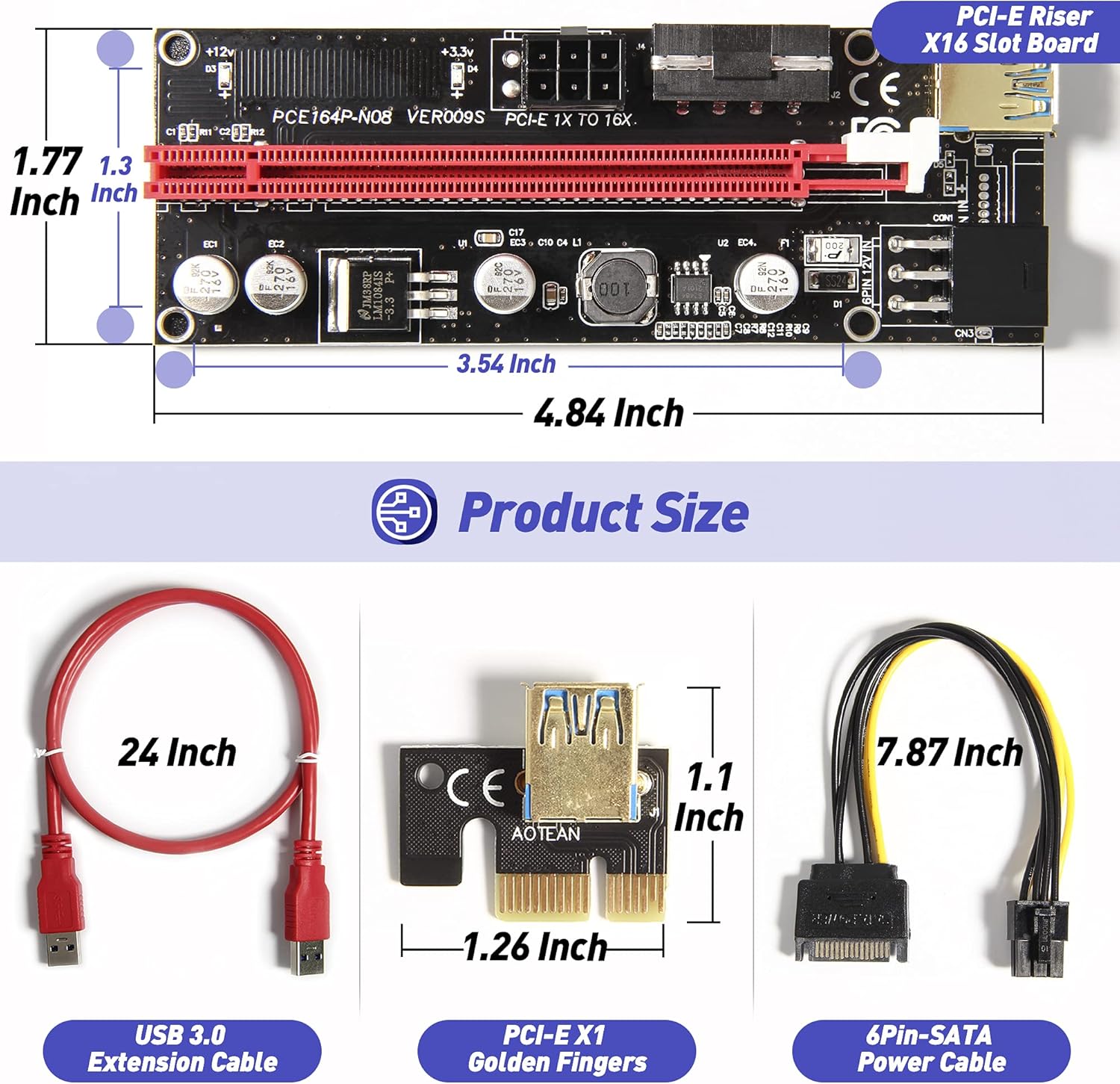 Newest VER009S PCIE Riser Express Cable 1X to 16X (Dual-6pin / MOLEX) with Led Graphics Extension Ethereum ETH Mining Powered PCI-E Riser Adapter Card, with 24inches USB 3.0 Cable, 6 Pack Pack of 2