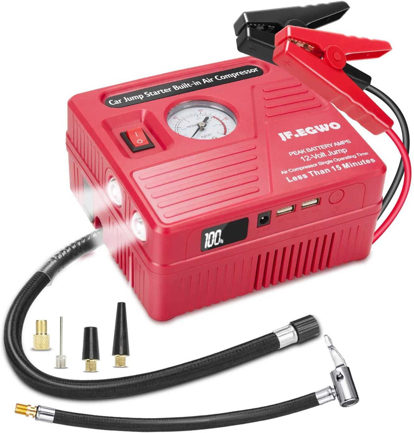 Car Jump Starter with Air Compressor, 2000 AMP Peak Jump Cable, 150 PSI Air Pump, 20000mAh Li-on Battery Jump Pack, Built-in 2 USB Ports and 2 LED Lights