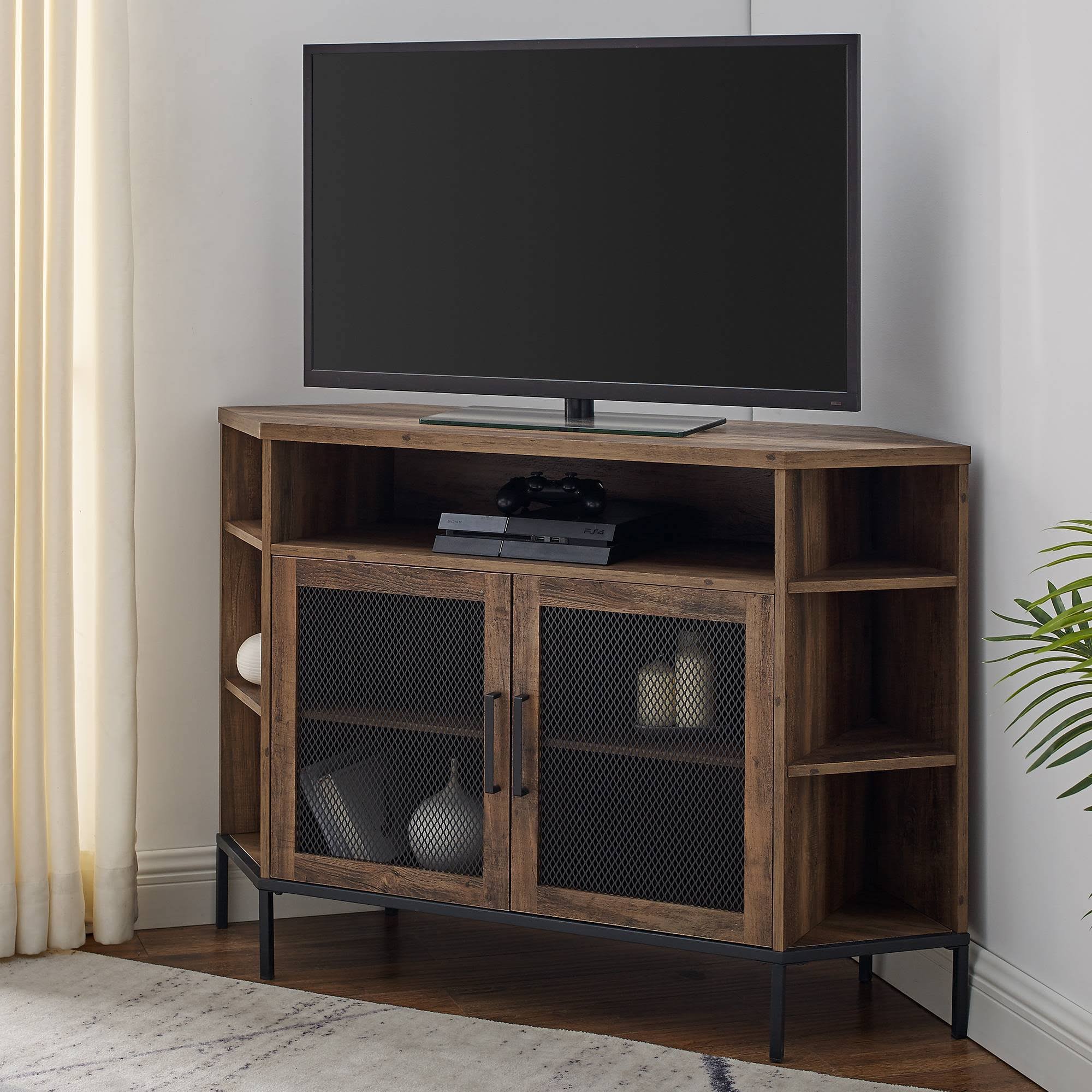 Kado Corner Metal Mesh Doors TV Stand for TVs Up to 55x22 Reclaimed Barnwood - Saracina Home