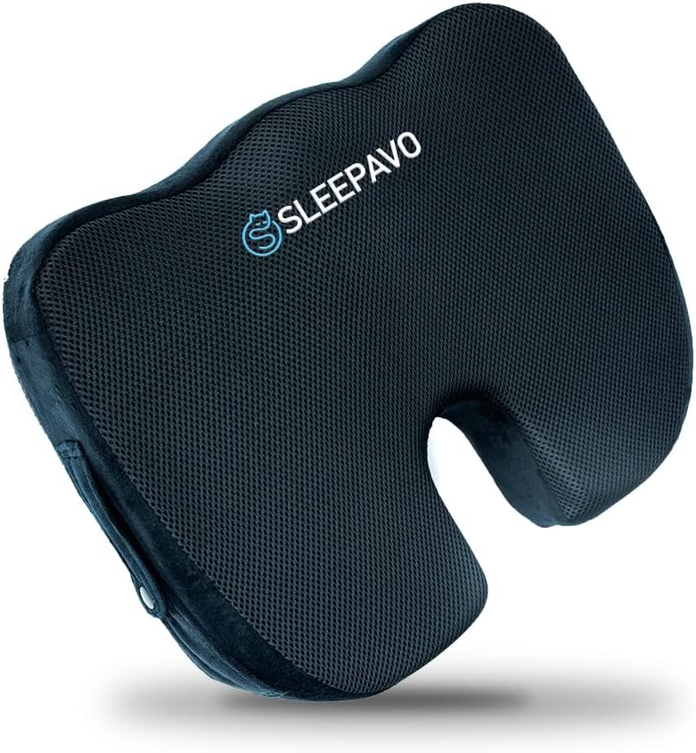 Sleepavo Memory Foam Seat Cushion - Chair Pillow for Sciatica, Coccyx, Back & Tailbone Pain Relief - Orthopedic Chair Pad for Support in Office Desk Chair, Car, Wheelchair & Airplane