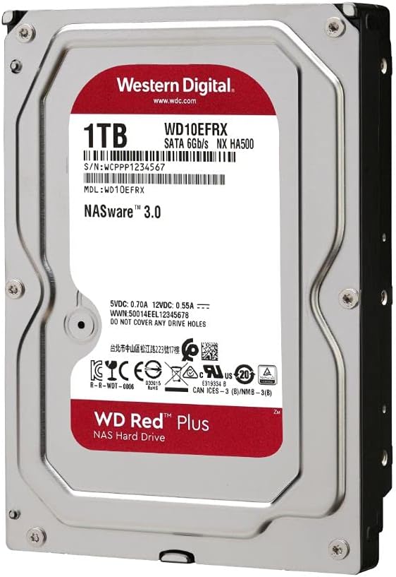 Western Digital 1TB WD Red Plus NAS Internal Hard Drive HDD - 5400 RPM, SATA 6 Gb/s, CMR, 64 MB Cache, 3.5