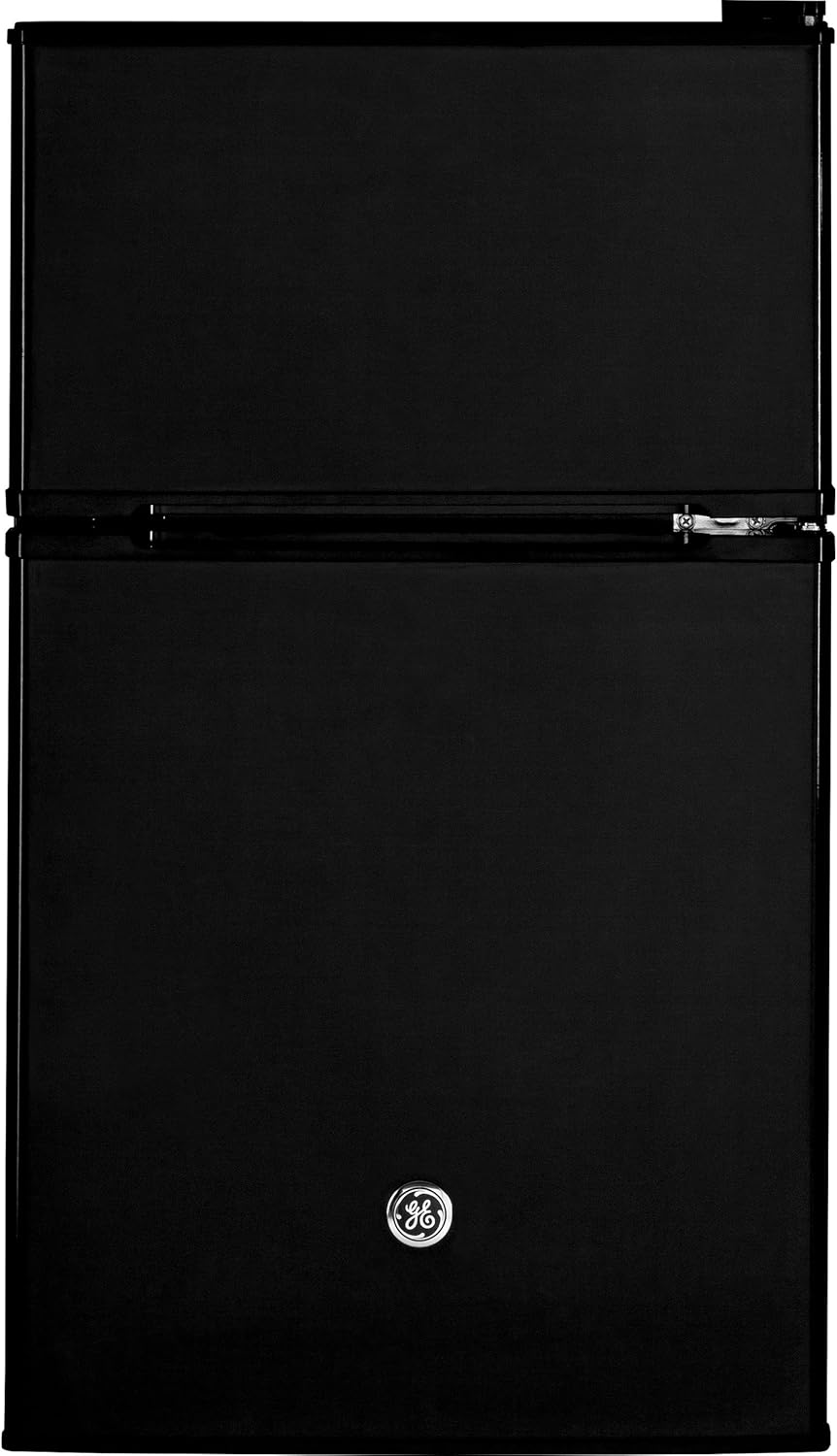 GE Mini Fridge With Freezer | 3.1 Cubic Ft. | Double-Door Design With Glass Shelves, Crisper Drawer & Spacious Freezer | Small Refrigerator Perfect for the Garage, Dorm Room, or Bedroom | Clean Steel