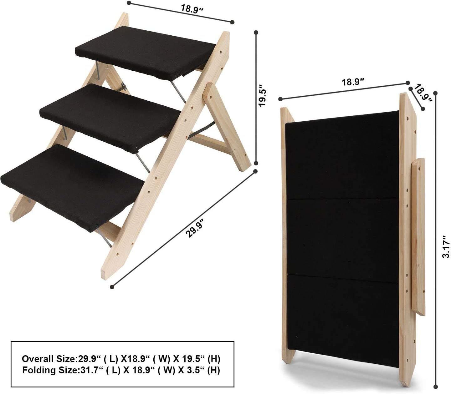 4 EVER WINNER 2-in-1Folding Dog Stairs 3 Levels Wood Pet Stairs Ramp Steps Portable Wide Non-Slip Carpeted Ladder for Dogs and Cats Easy Climb, High Beds, Sofa, Car, Living Room, Bedroom, Black