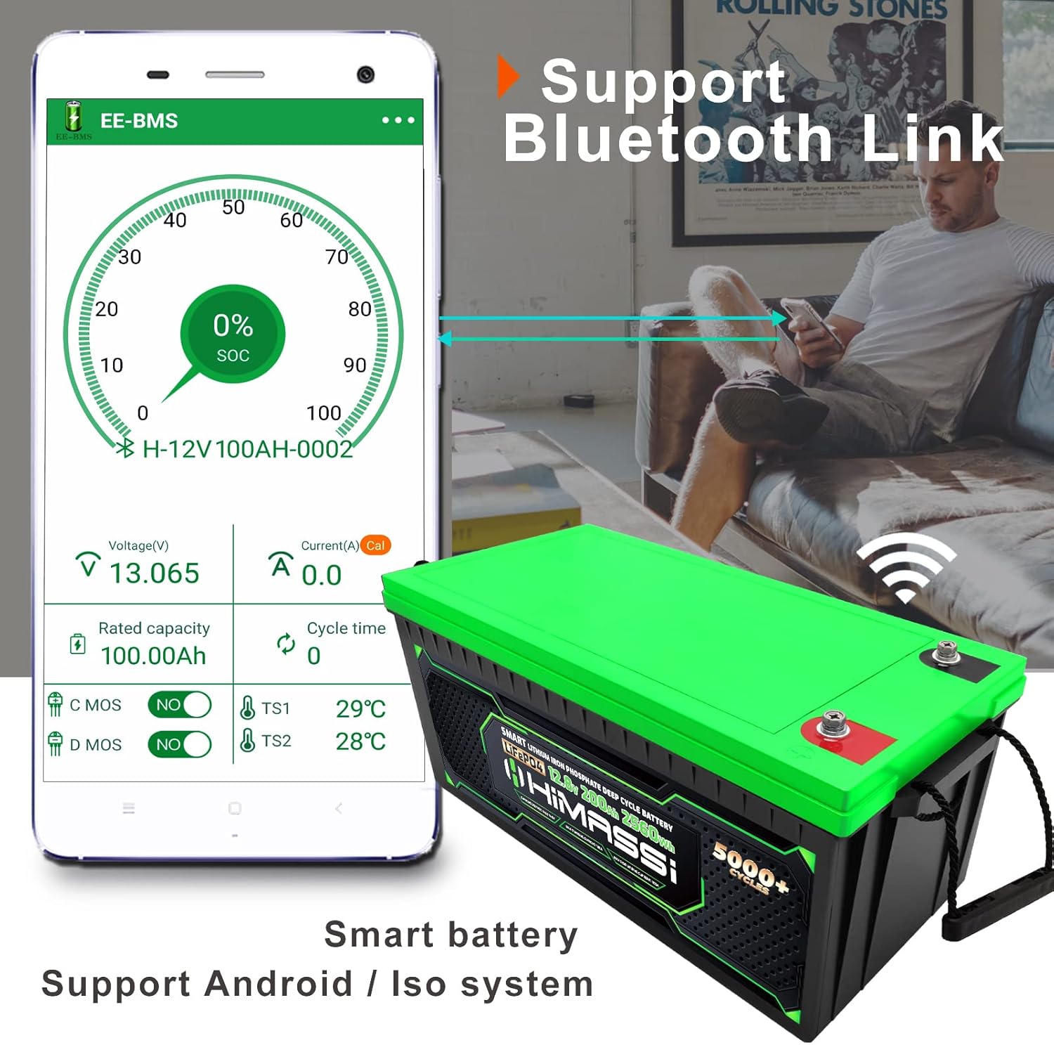 Smart 12v 200ah Bluetooth Lithium Iron Phosphate Battery, Lithium Deep Cycle Rechargeable Lifepo4 Battery for RV, Solar Power System, Yacht, Solar Panels, Backup Battery