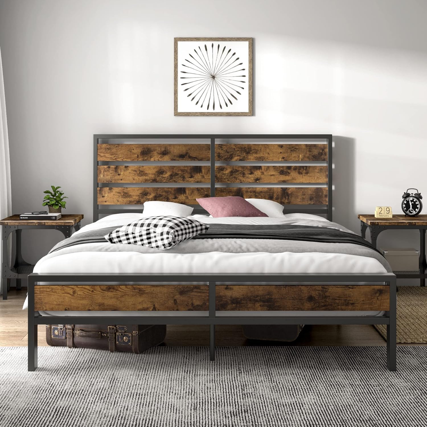 Ikalido Metal Full Bed Frame with Strong Steel Slat Support and Sturdy Wood Headboard and Footboard/Extra Storage Space/Tool-Free Assembly/Noise Free/Rustic Brown