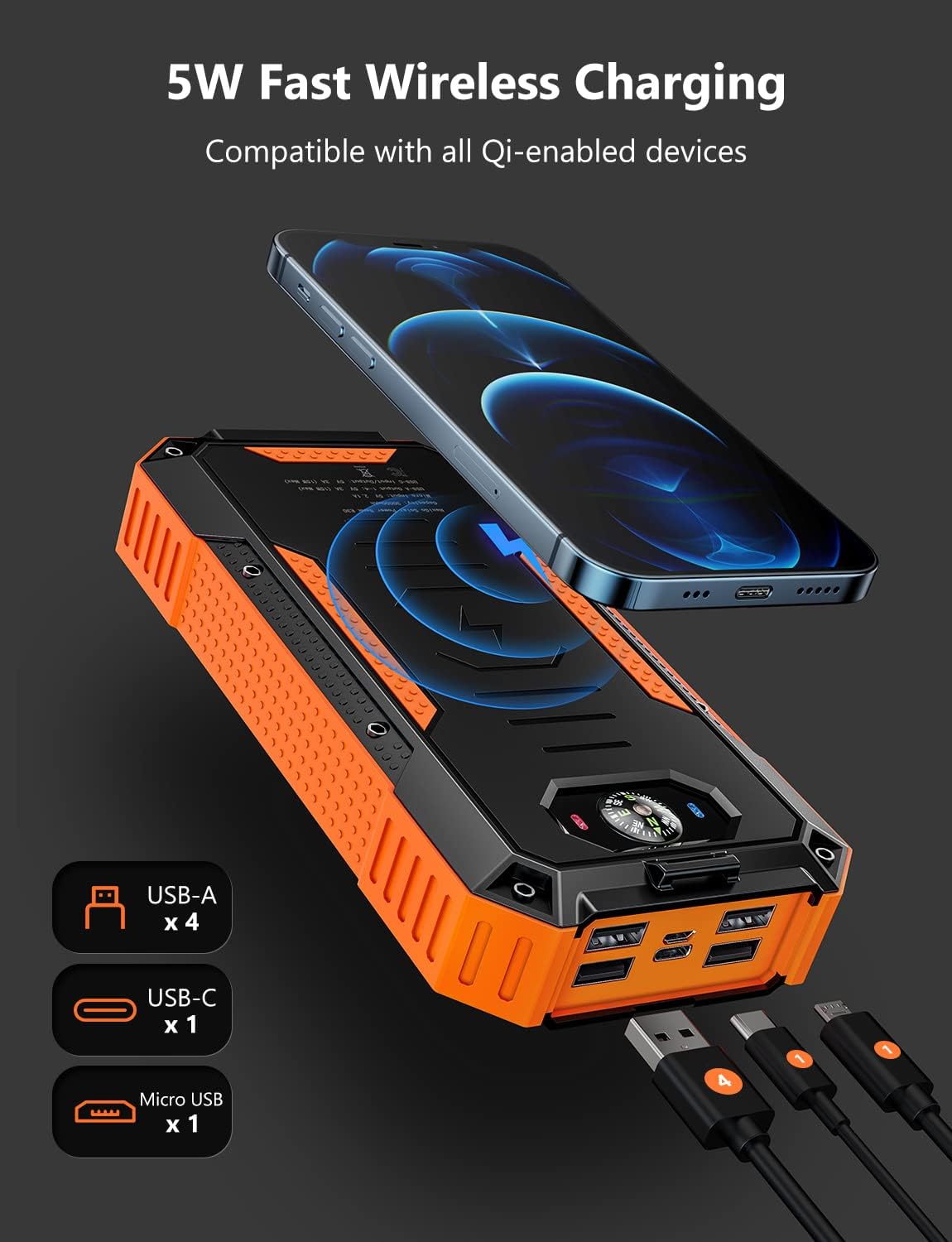NexiGo Solar Power Bank 30000 mAh, Wireless Solar Charger with 6 Outputs (Max 15W) & Inputs, IP65 Waterproof, Built-in LED Flashlight, Compass Backup Battery Pack for Outdoor Activities