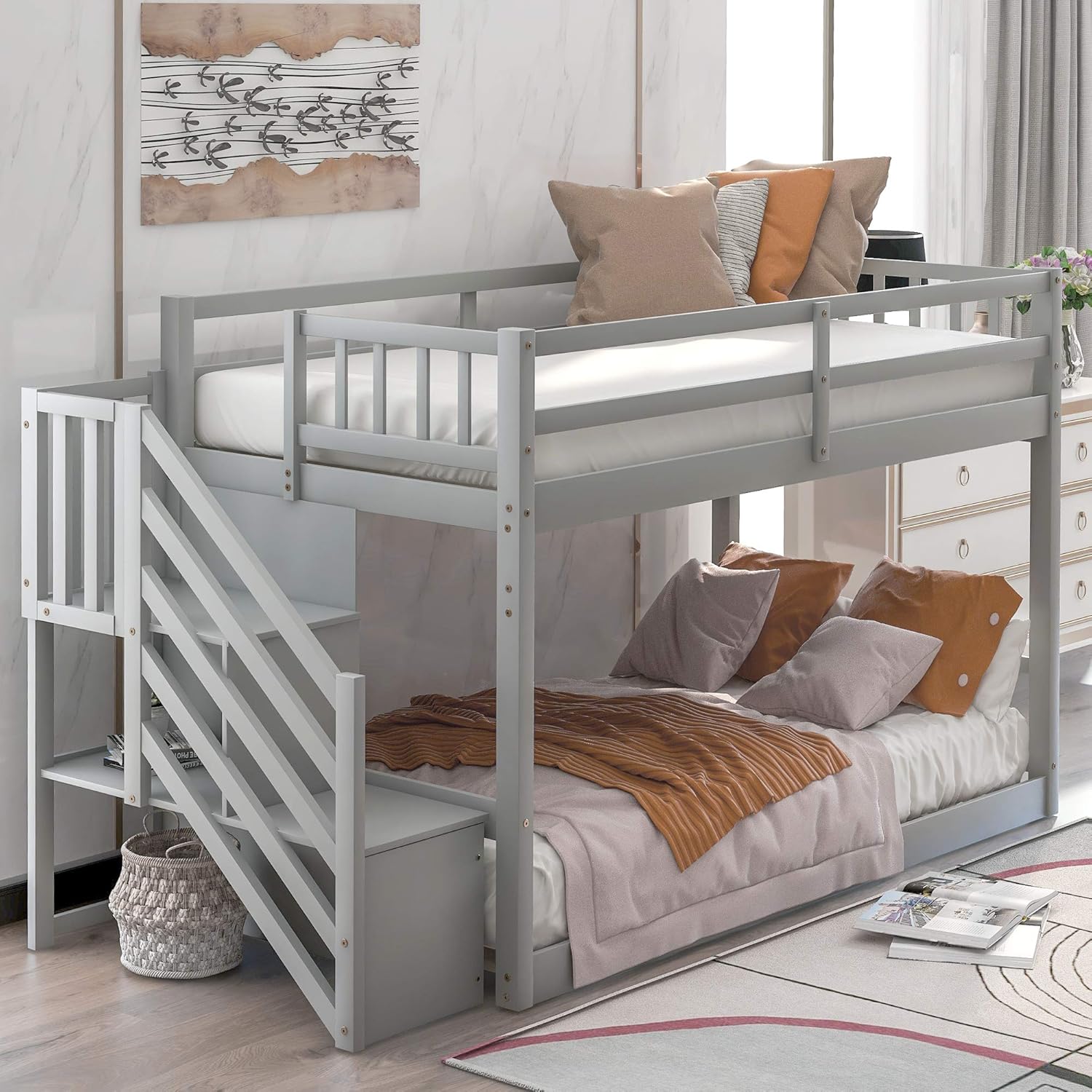SOFTSEA Low Bunk Beds with Slide and Two Step Stairs Storages, Twin Over Twin Stairway Bunk Bed with Staicase and Storage Space for Kids Teens Juniors, Multifunctional Design(Grey)