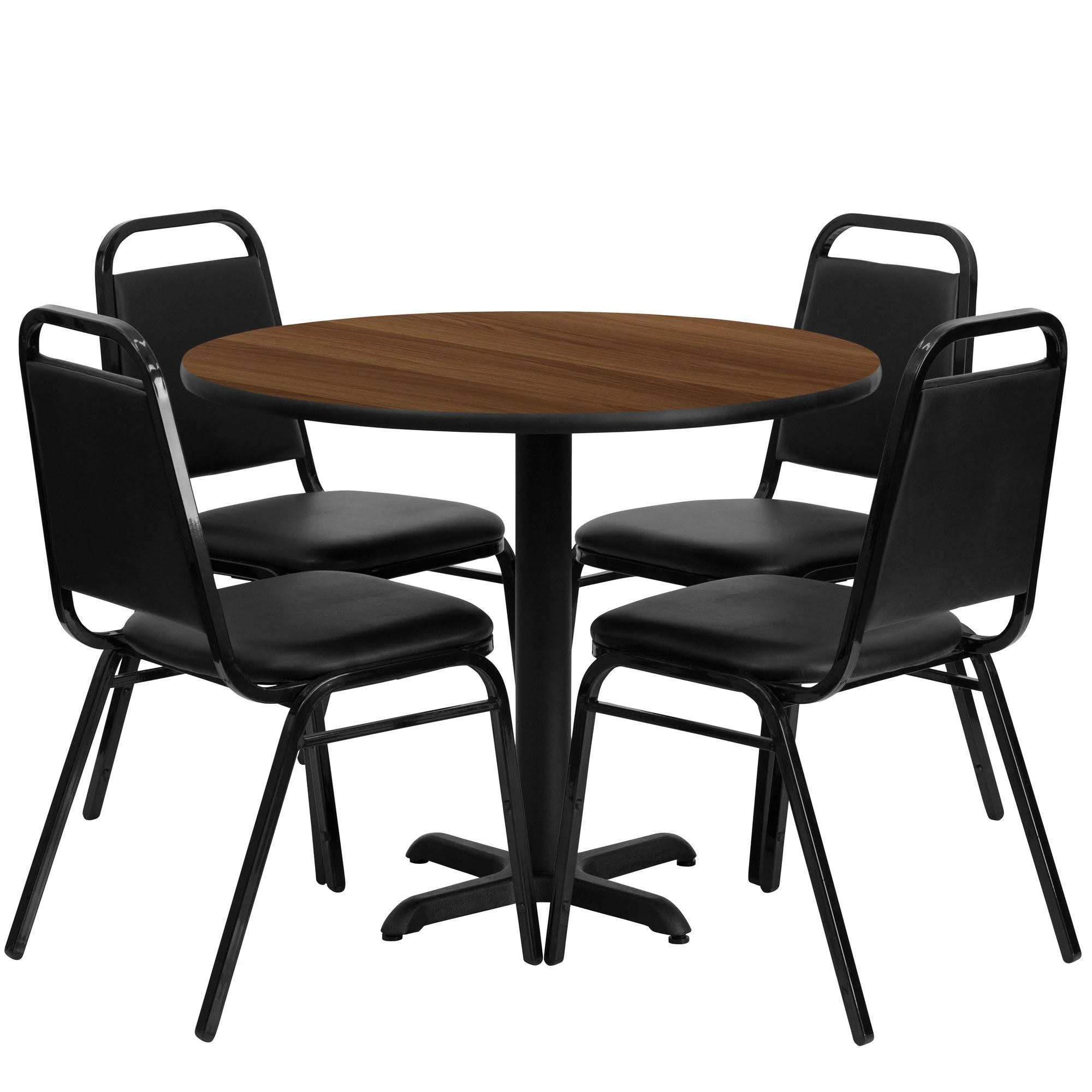 Flash Furniture 36&& Round Walnut Laminate Table Set with 4 Black Trapezoidal Back Banquet Chairs