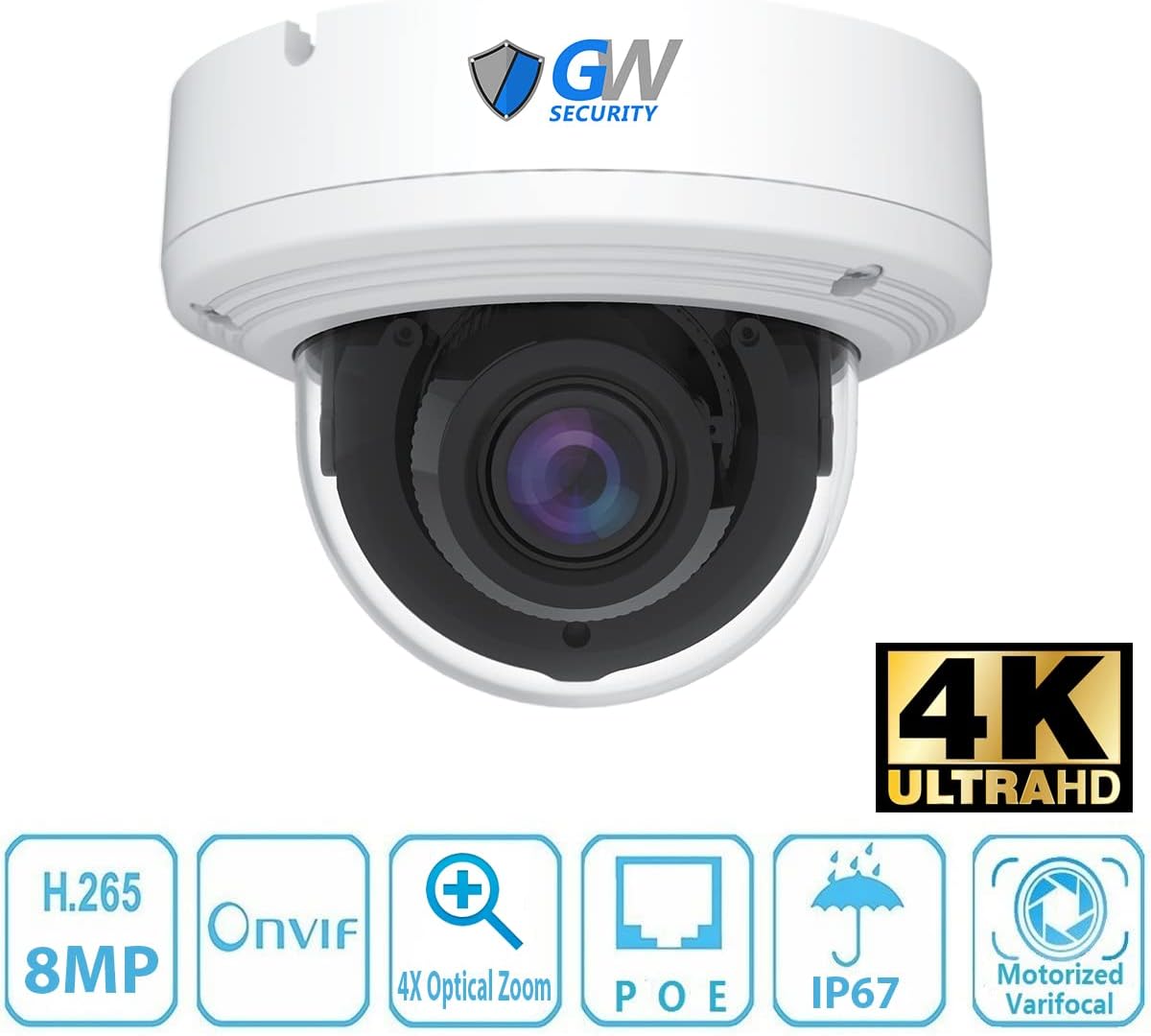 GW 4K (3840x2160 @30fps Real-time) 16 Channel Security Camera System with 8 8MP AI Facial Recognition /Human /Vehicle Detection 5X Optical Motorized Zoom PoE IP Dome Cameras