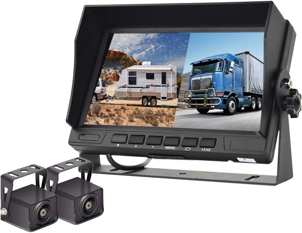 HD 1080P RV Backup Camera with 7 Inch DVR Split Screen Monitor for RVs,Trucks,Trailers, Rear and Front View Cameras, Color IR Night Vision, IP68 Waterproof, Stable Signals, Easy Installation