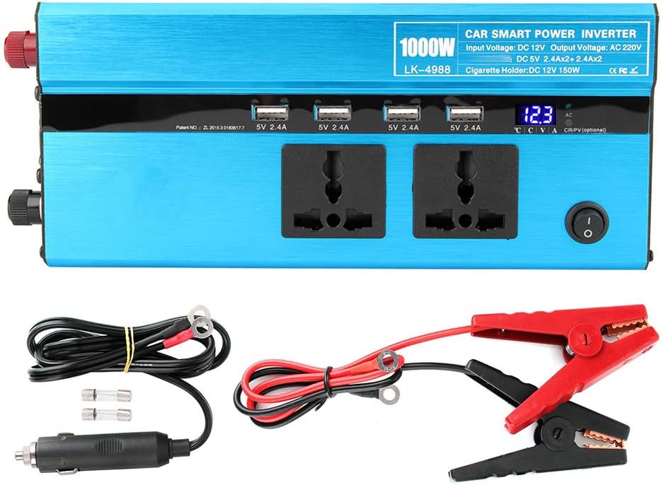 Car Power Inverter Converter, 1000W 12V to DC/AC 220V Power Modified Sine Wave Car Inverter with 4 USB Port, Dual Plug, Digital Display