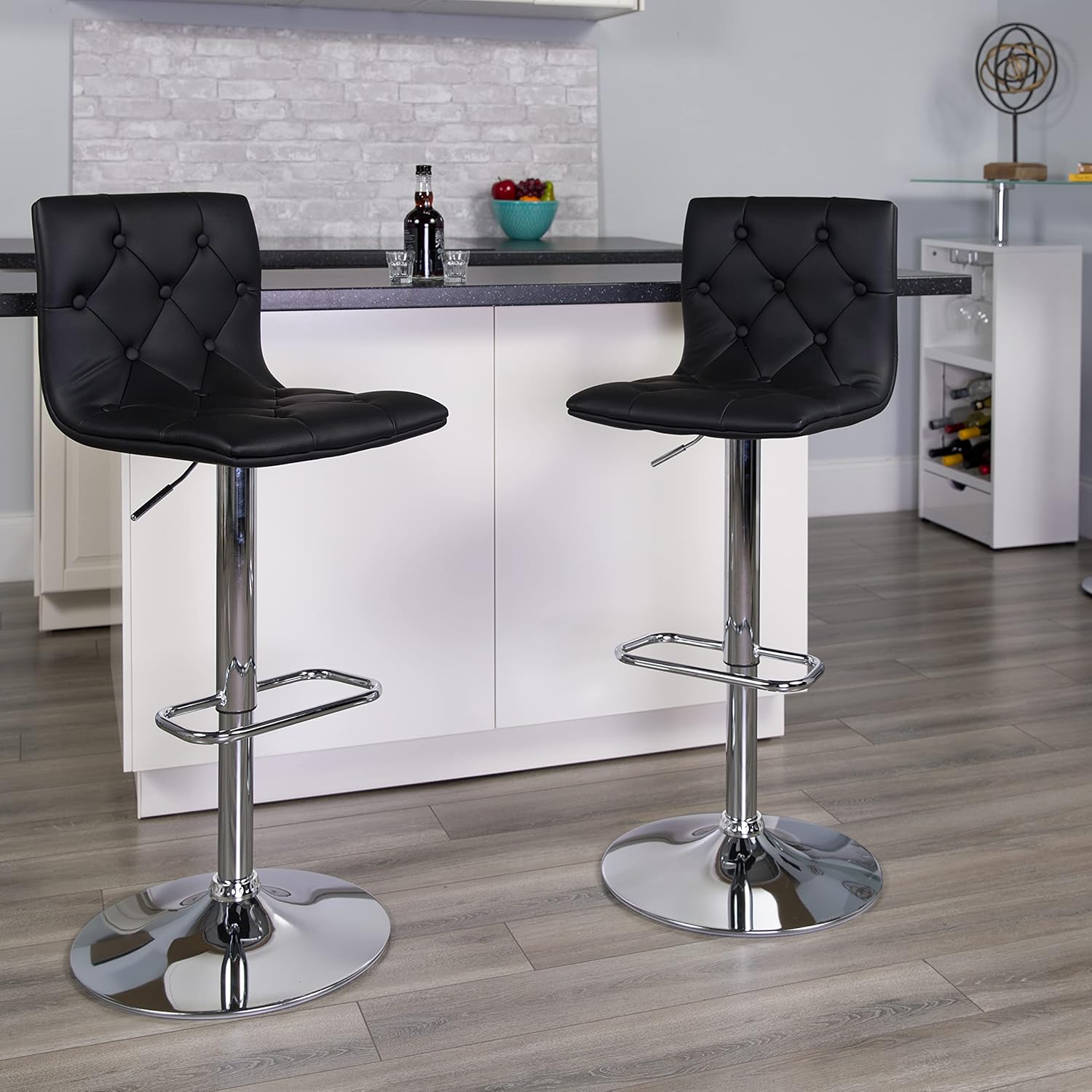 Flash Furniture 2 Pack Contemporary Button Tufted White Vinyl Adjustable Height Barstool with Chrome Base