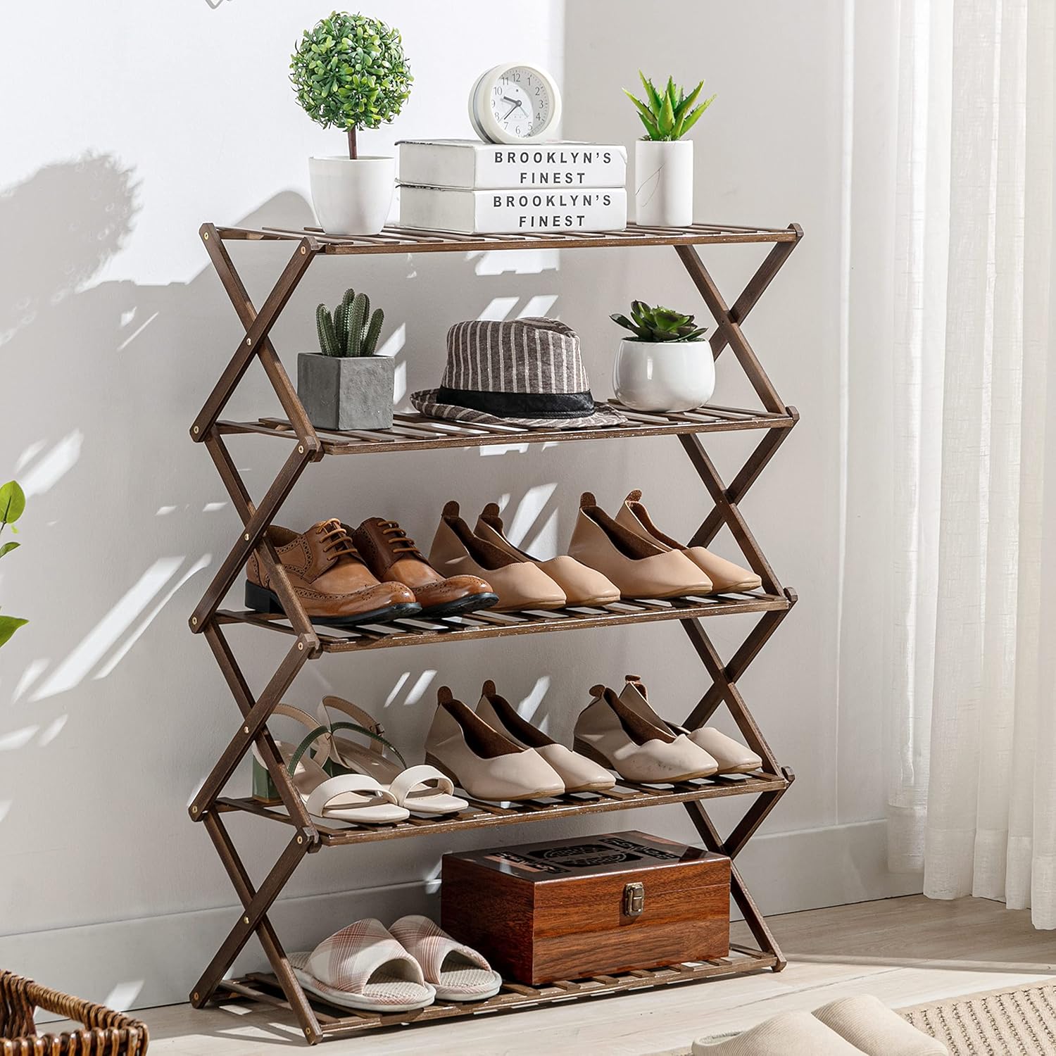 ALEAVIC Foldable Bamboo Shoe Rack, 5-Tier Shoe Rack, Installation-Free Shoe Shelf Storage Organizer, Multifunctional Freestanding Shoe Rack for Closet, Entryway, Balcony, Living Room, Bedroom, Brown
