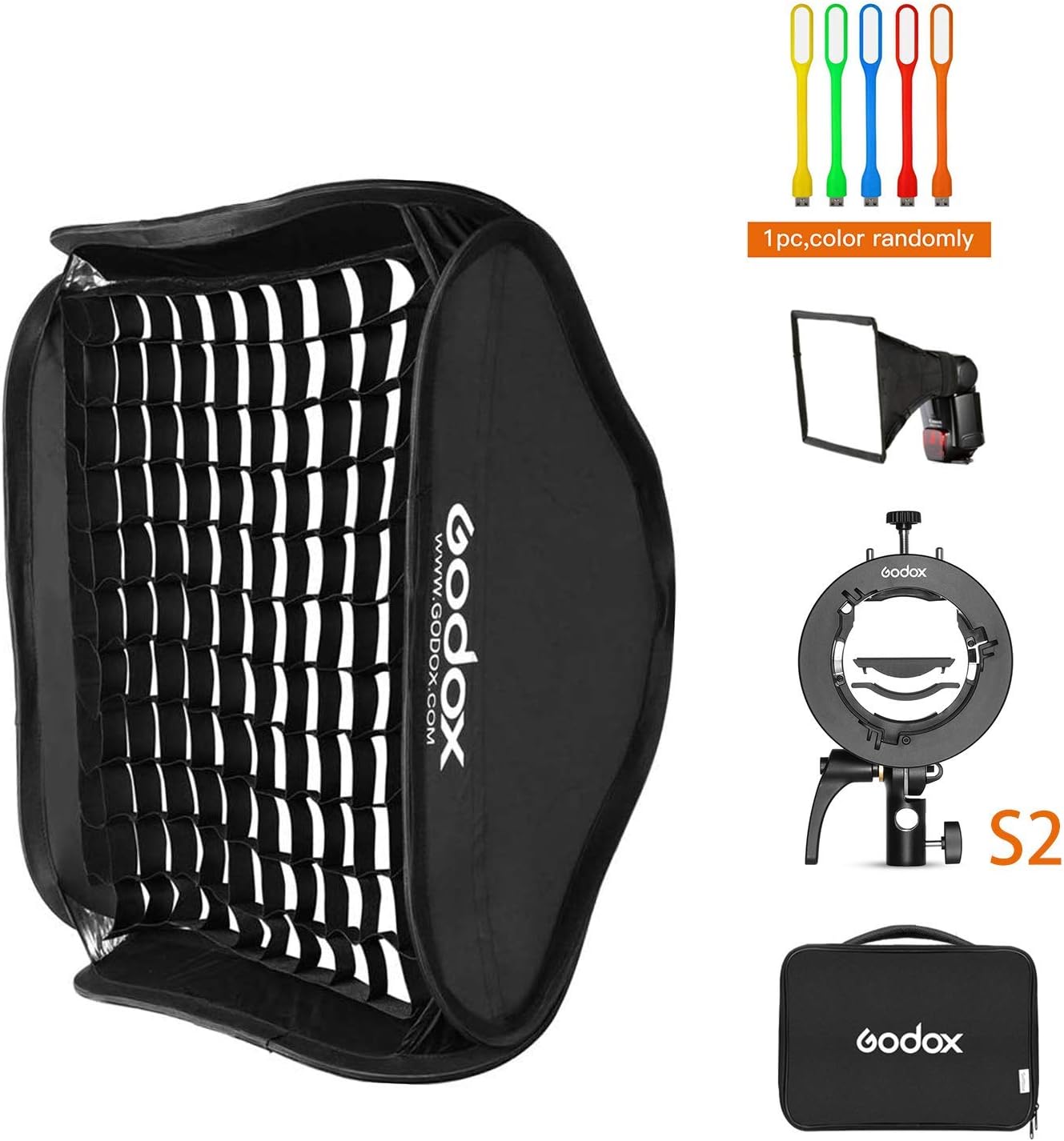GODOX 24x24inch / 60x60cm Foldable Softbox & Grid with Godox S2 S-Type Speedlite Bracket Bowens Mount and Carrying Case for Godox V1 AD200Pro AD400Pro AD200 V860II TT685 TT600 Series and other Flashes Pack of 2