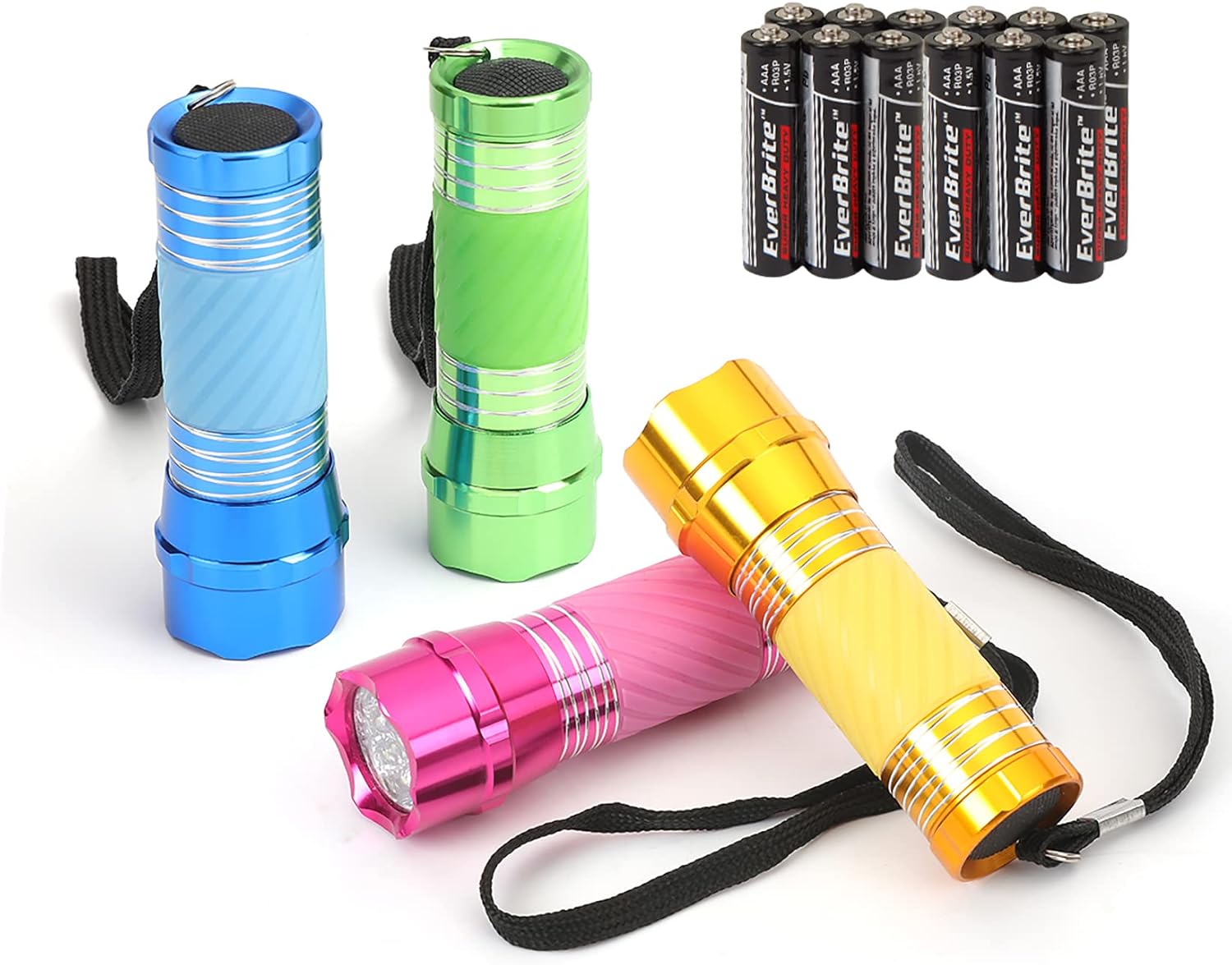 EverBrite 4-Pack Mini LED Aluminum Flashlight Party Favors Colors Assorted for Hurricane Supplies with Handle Glow in Dark
