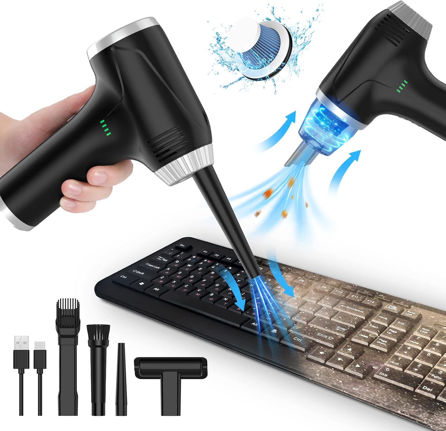 Cordless Air Duster & Vacuum Keyboard Cleaner 2-in-1, 15000mAH Battery, Powerful 78000RPM Electric Compressed Air Duster, 17000PA Super Suction Power, Mini Vacuum Cleaner with LED Light
