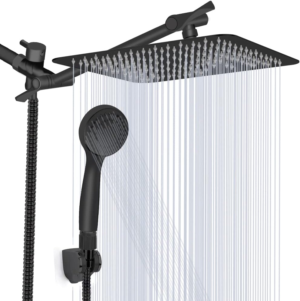 kaqinu Shower Head , 8 Inch High Pressure Rainfall Shower Head / Handheld Showerhead Combo with 11 Inch Extension Arm, Anti-leak Shower Head with Holder/ Hose, Flow Regulator, Chrome Pack of 2