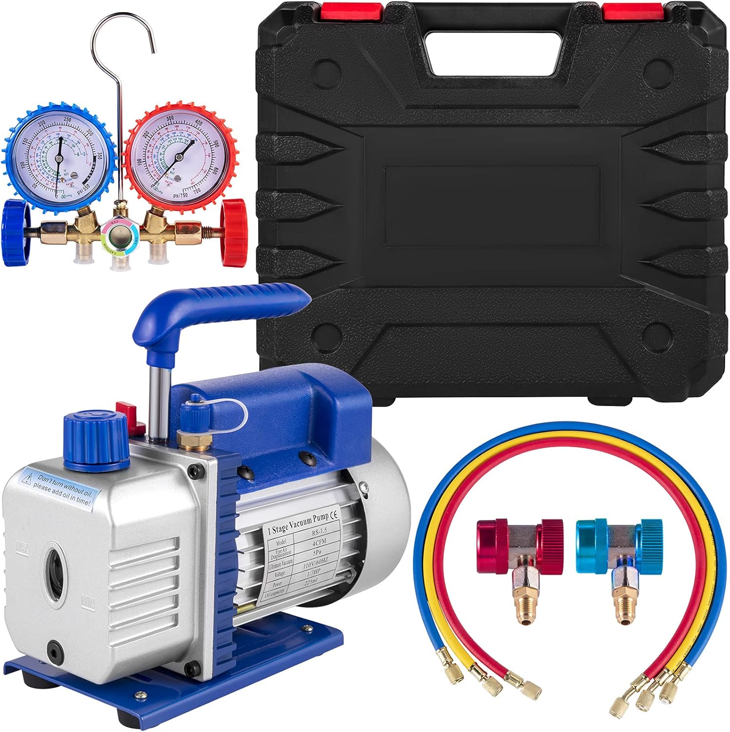 Bestauto Vacuum Pump 4CFM 1/4HP Air Vacuum Pump HVAC A/C Air Refrigerant Rotary Vane Vacuum Pump Single Stage 1 Valve AC Manifold Gauge Set (4CFM 1-Stage)