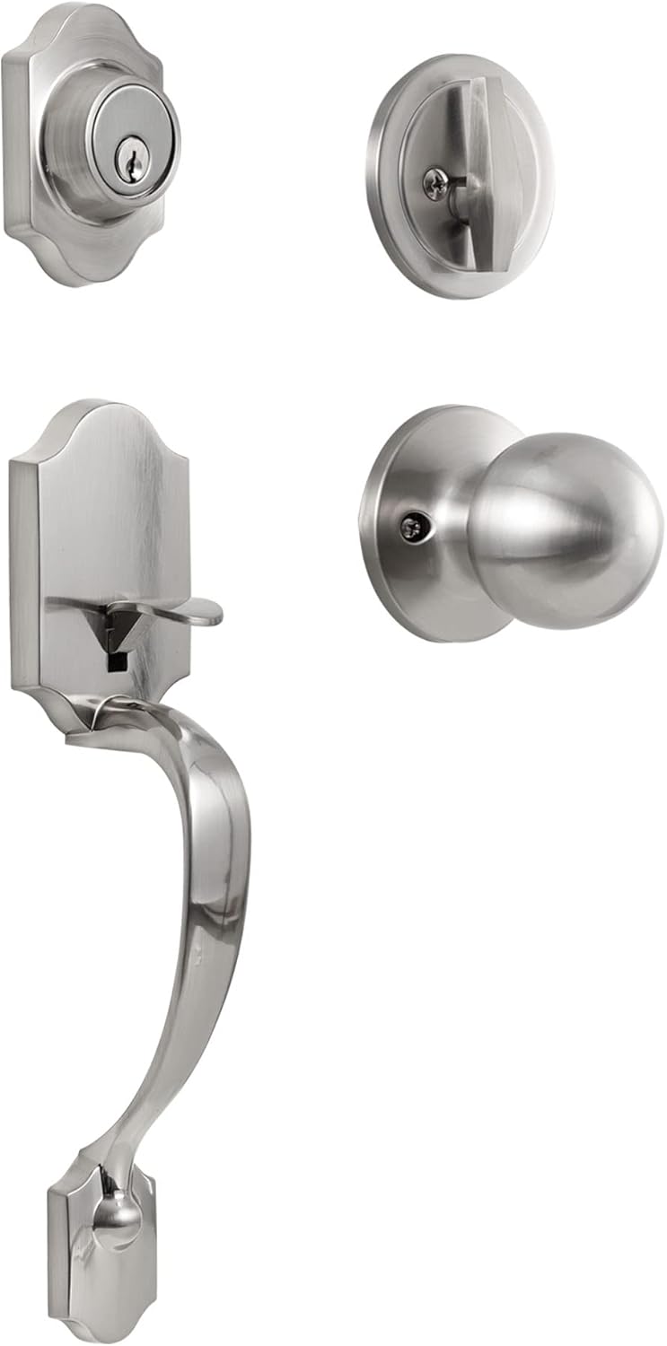 NeuType Front Door Handle Sets with Deadbolt Lock Set Door Entry Door Locksets Single Cylinder HandleSet Curved Handle Lower Half Grip Round Knob, Silver Pack of 2